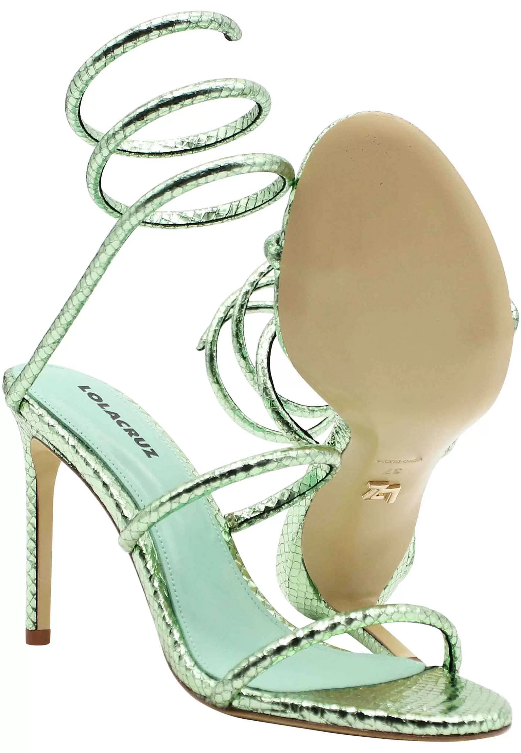 Sandali Donna Bardolino In Pelle Laminata Verde Con Strass E Cavigliera A Serpente Con Tacco Alto*Lola Cruz Online
