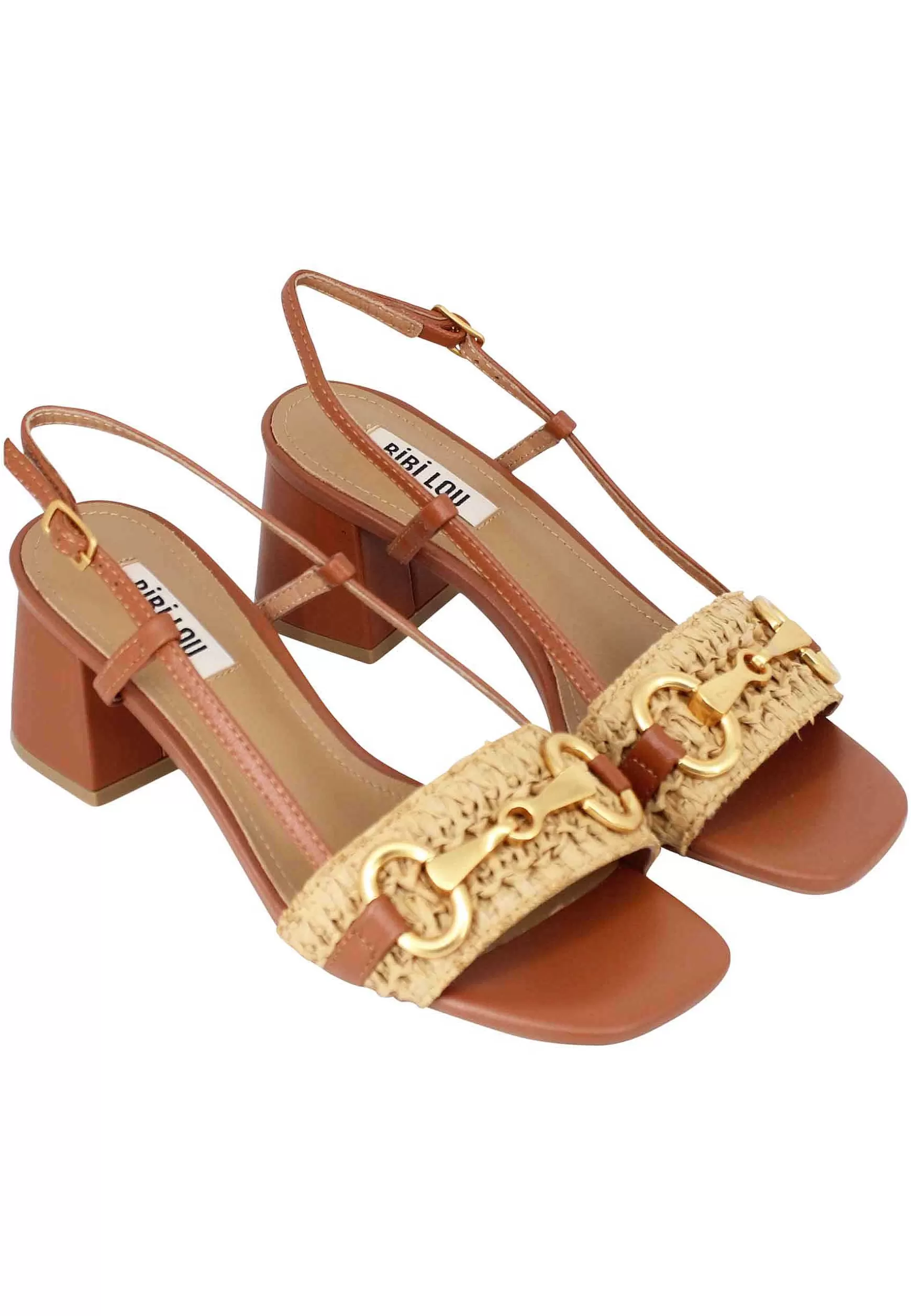 Sandali Donna Connie Slingback In Pelle E Tessuto Cuoio Con Morsetto Oro E Tacco Alto*Bibi Lou Clearance