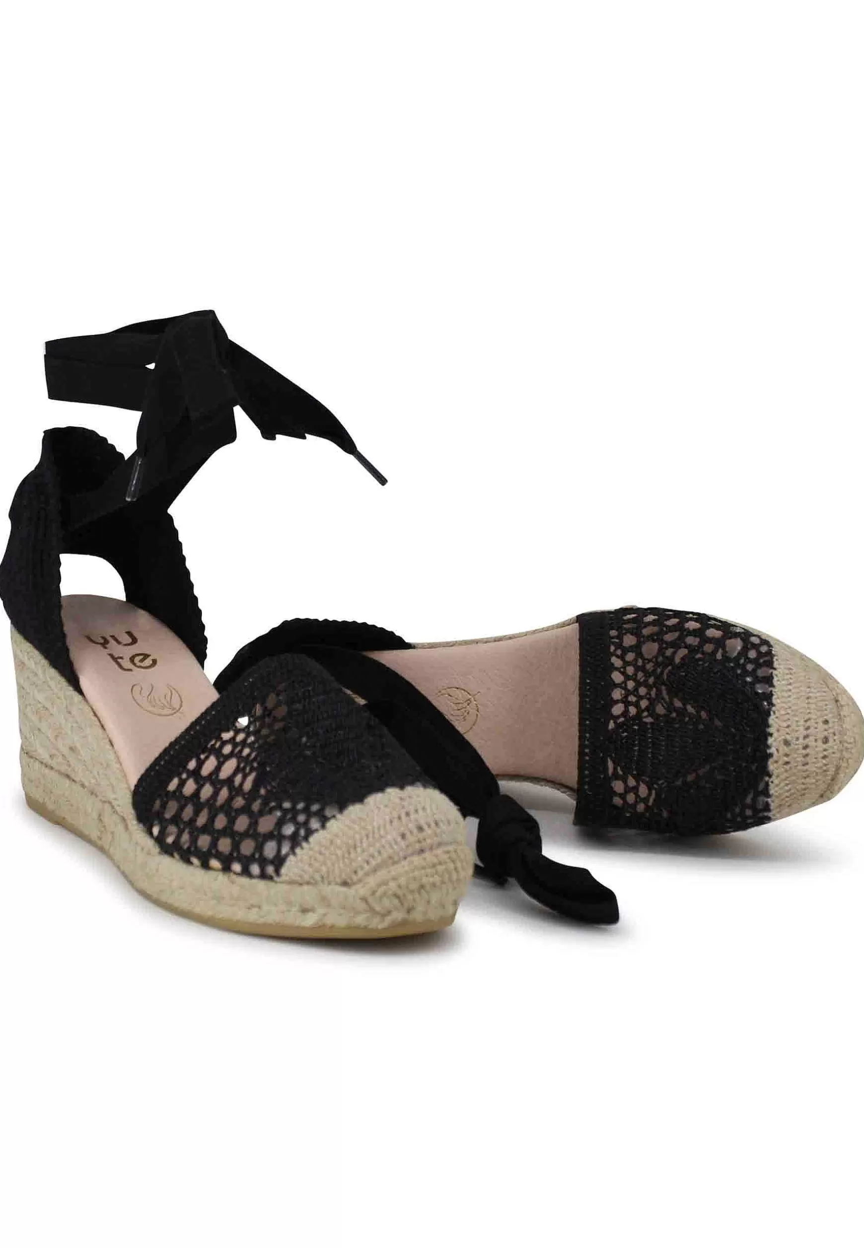 Sandali Donna Espadrillas In Tessuto Nero Ricamato E Laccetti Alla Caviglia*Suyute Outlet