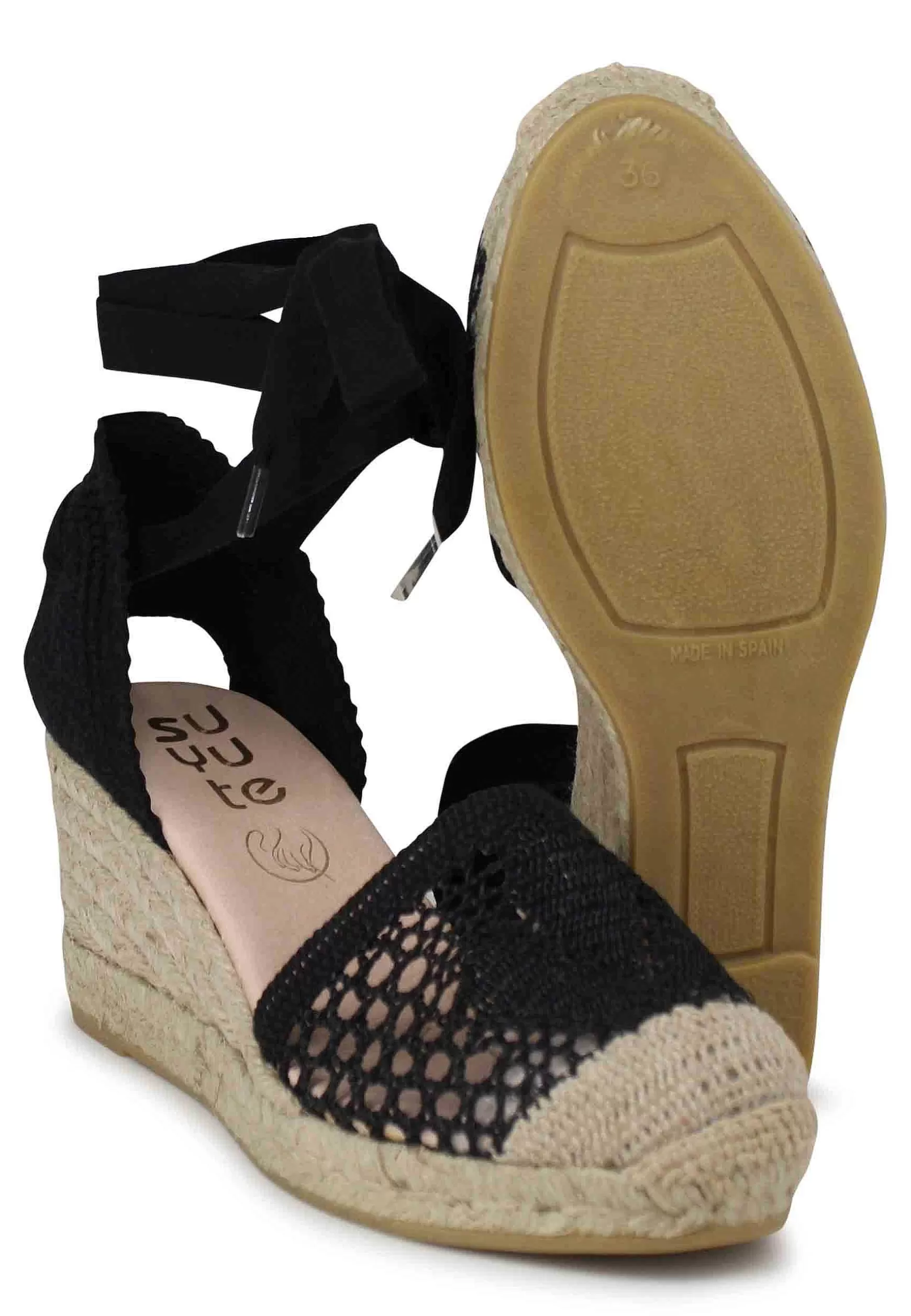 Sandali Donna Espadrillas In Tessuto Nero Ricamato E Laccetti Alla Caviglia*Suyute Outlet