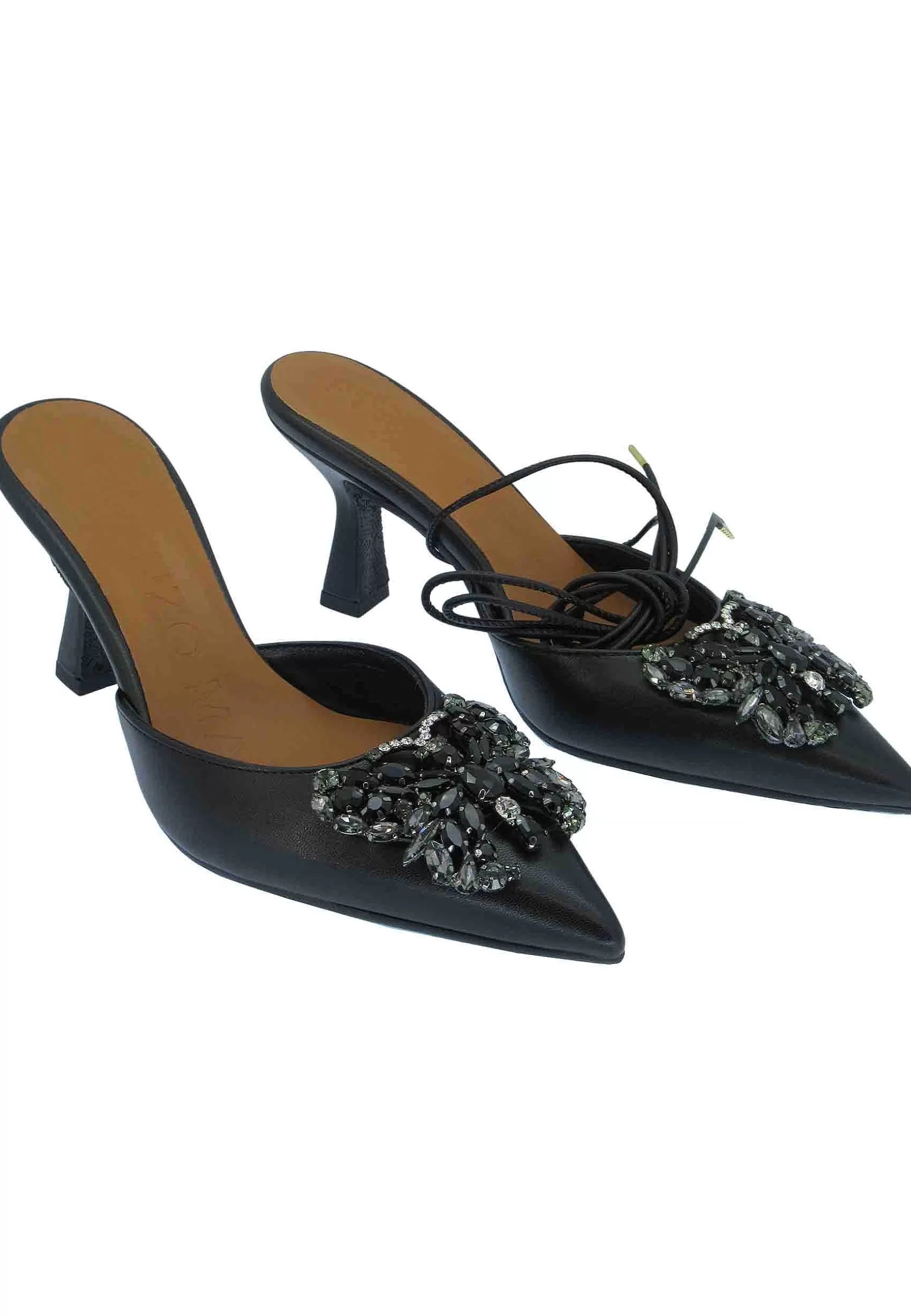 Sandali Donna Furie In Pelle Nera Con Gioiello Tacco Alto E Laccetti Alla Caviglia*Lorenzo Mari Shop