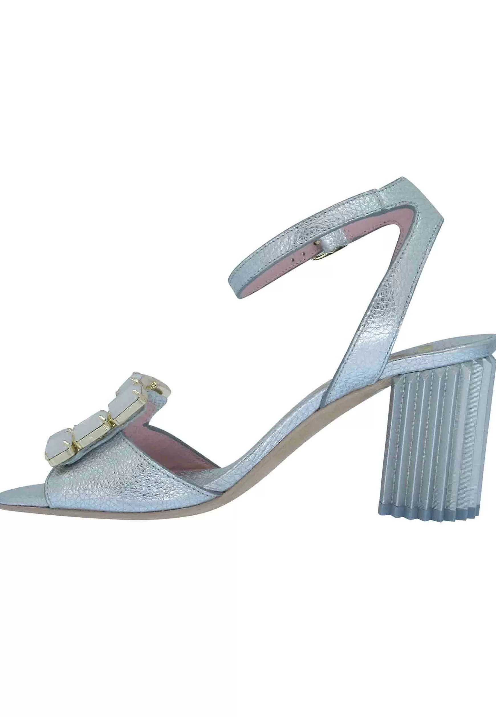 Sandali Donna Gramet In Pelle Argento Con Accessorio E Tacco Grosso In Metallo*Ras Discount