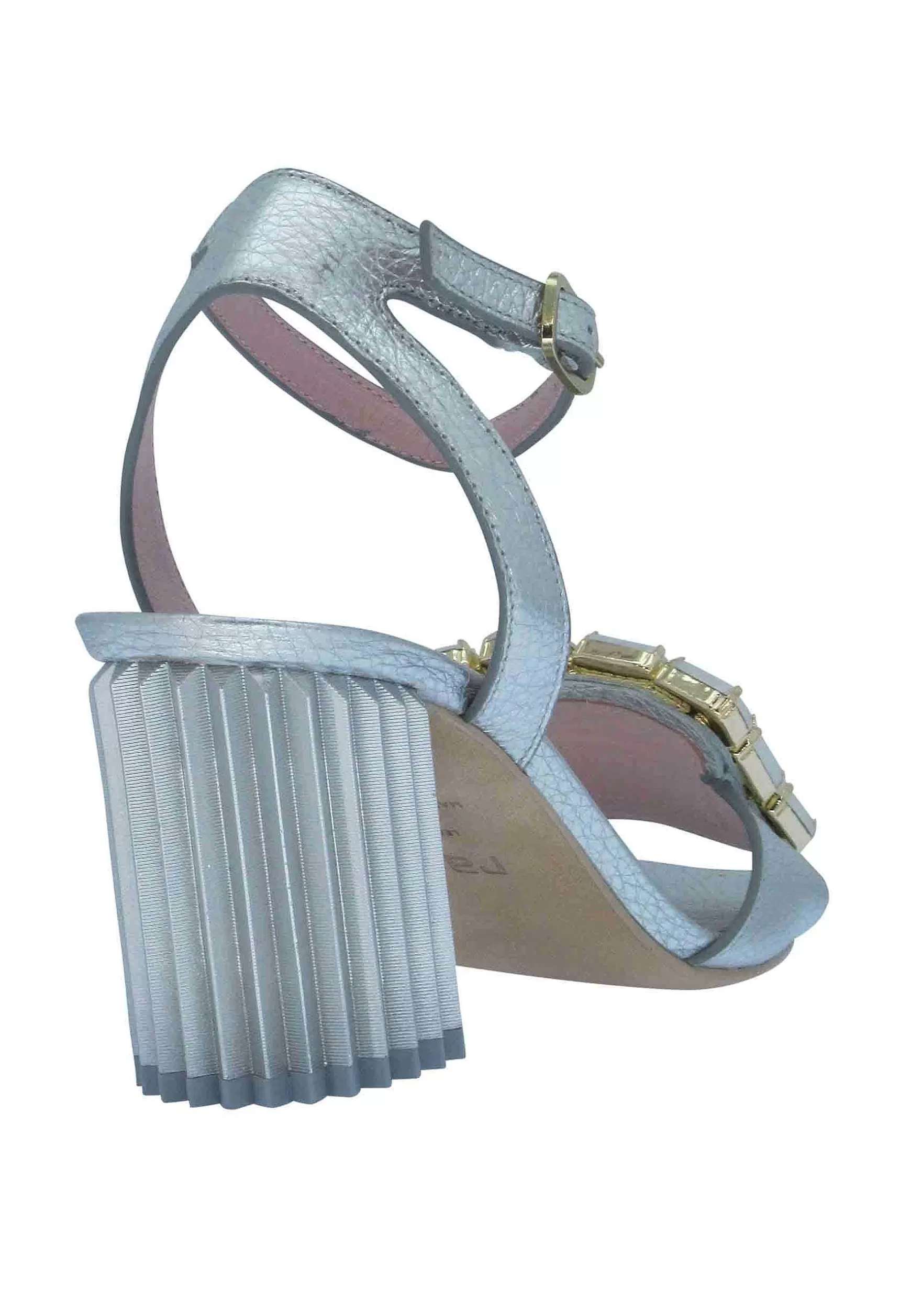 Sandali Donna Gramet In Pelle Argento Con Accessorio E Tacco Grosso In Metallo*Ras Discount