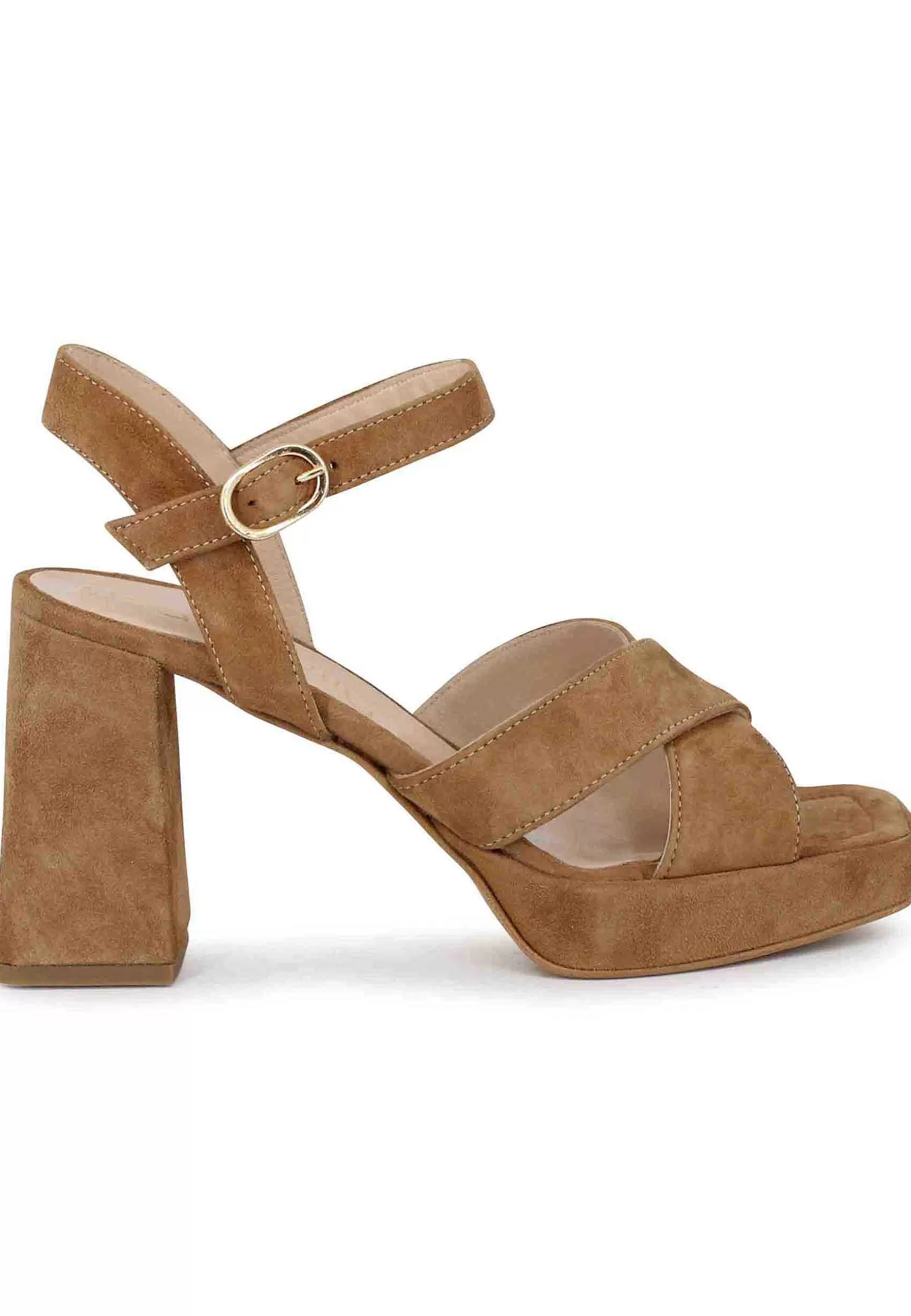 Sandali Donna In Camoscio Cuoio Con Tacco Alto E Plateau** Online