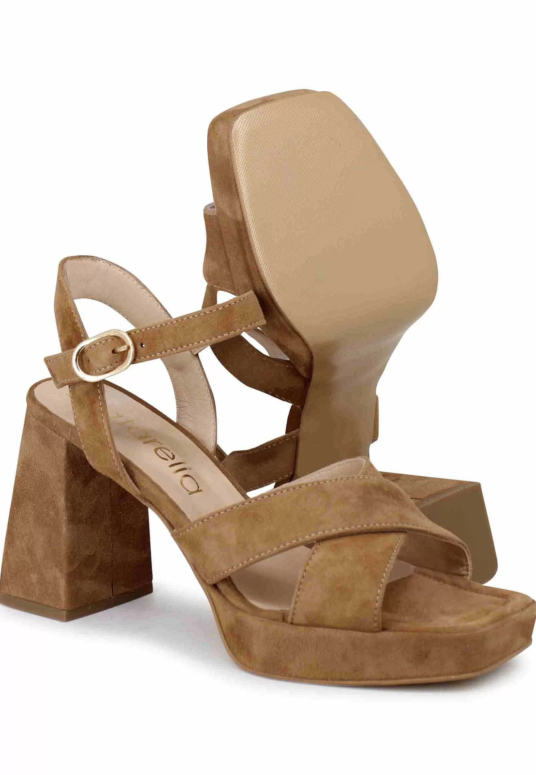 Sandali Donna In Camoscio Cuoio Con Tacco Alto E Plateau** Online