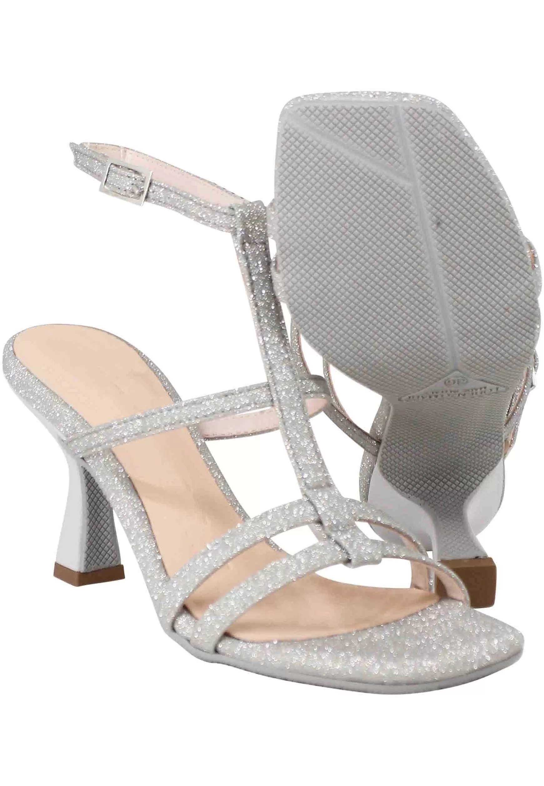 Sandali Donna In Glitter Argento Con Tacco Alto Punta Quadra E Cinturino Alla Caviglia*Lorenzo Mari Clearance