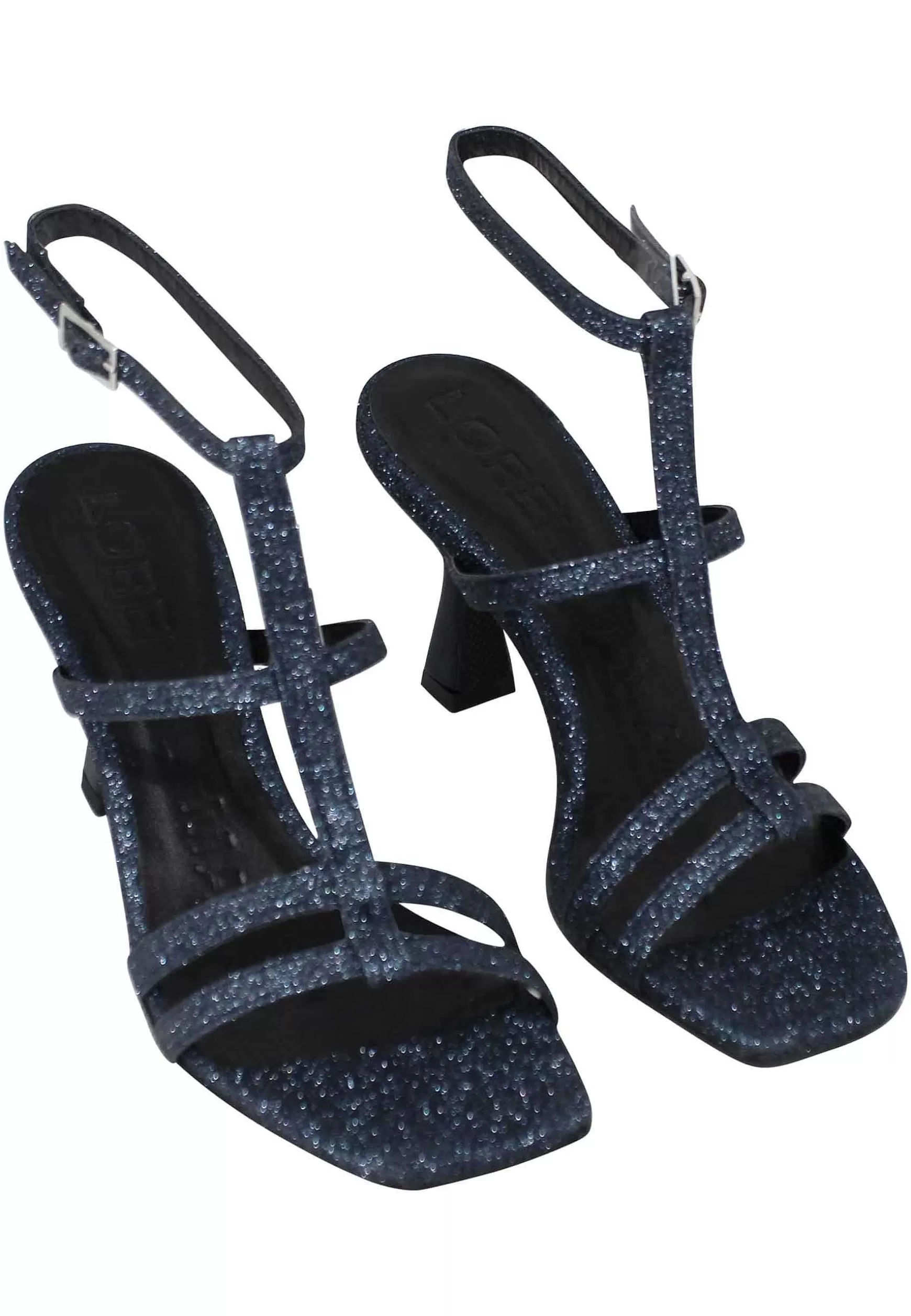 Sandali Donna In Glitter Blu Con Tacco Alto Punta Quadra E Cinturino Alla Caviglia*Lorenzo Mari Outlet