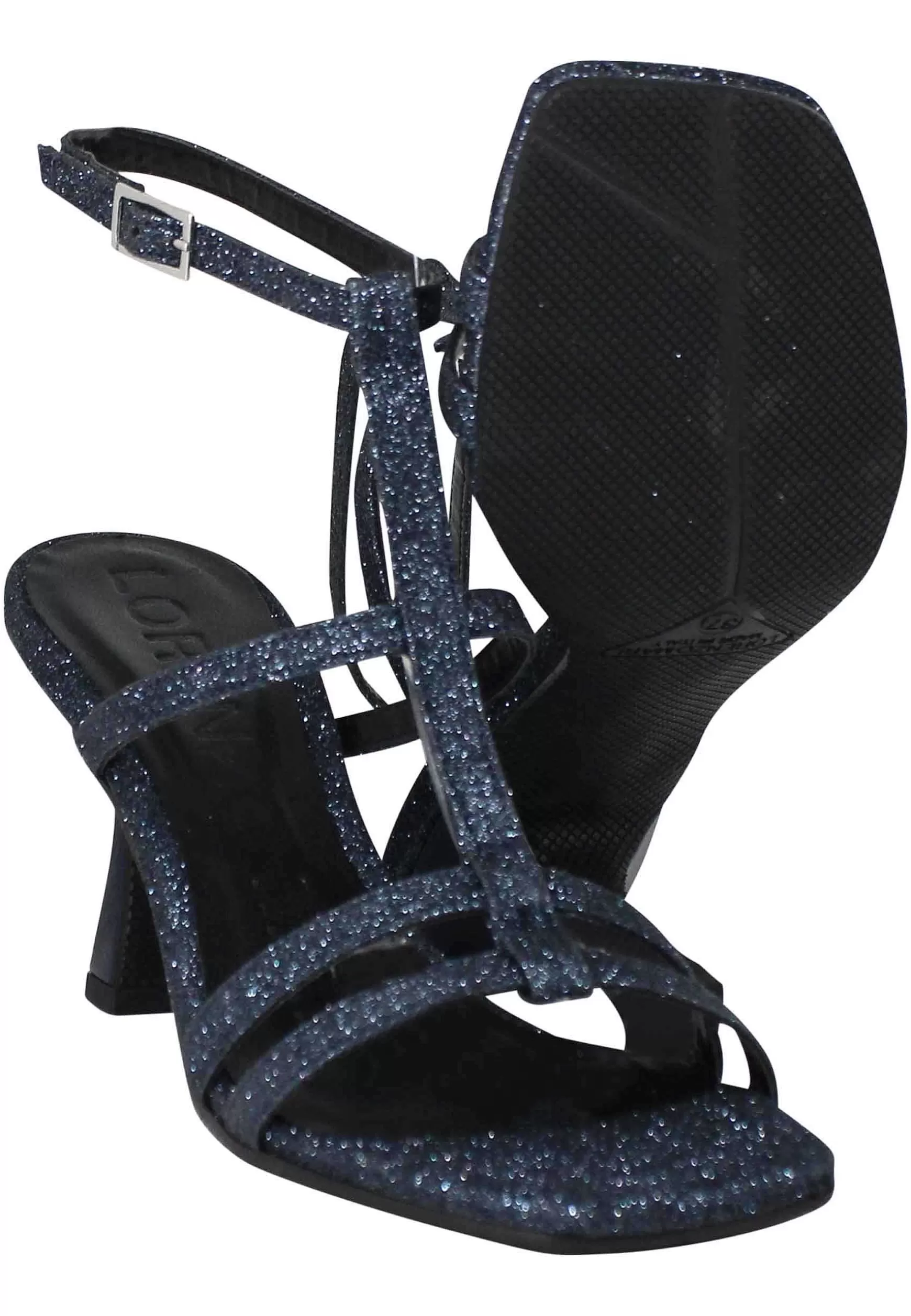 Sandali Donna In Glitter Blu Con Tacco Alto Punta Quadra E Cinturino Alla Caviglia*Lorenzo Mari Outlet