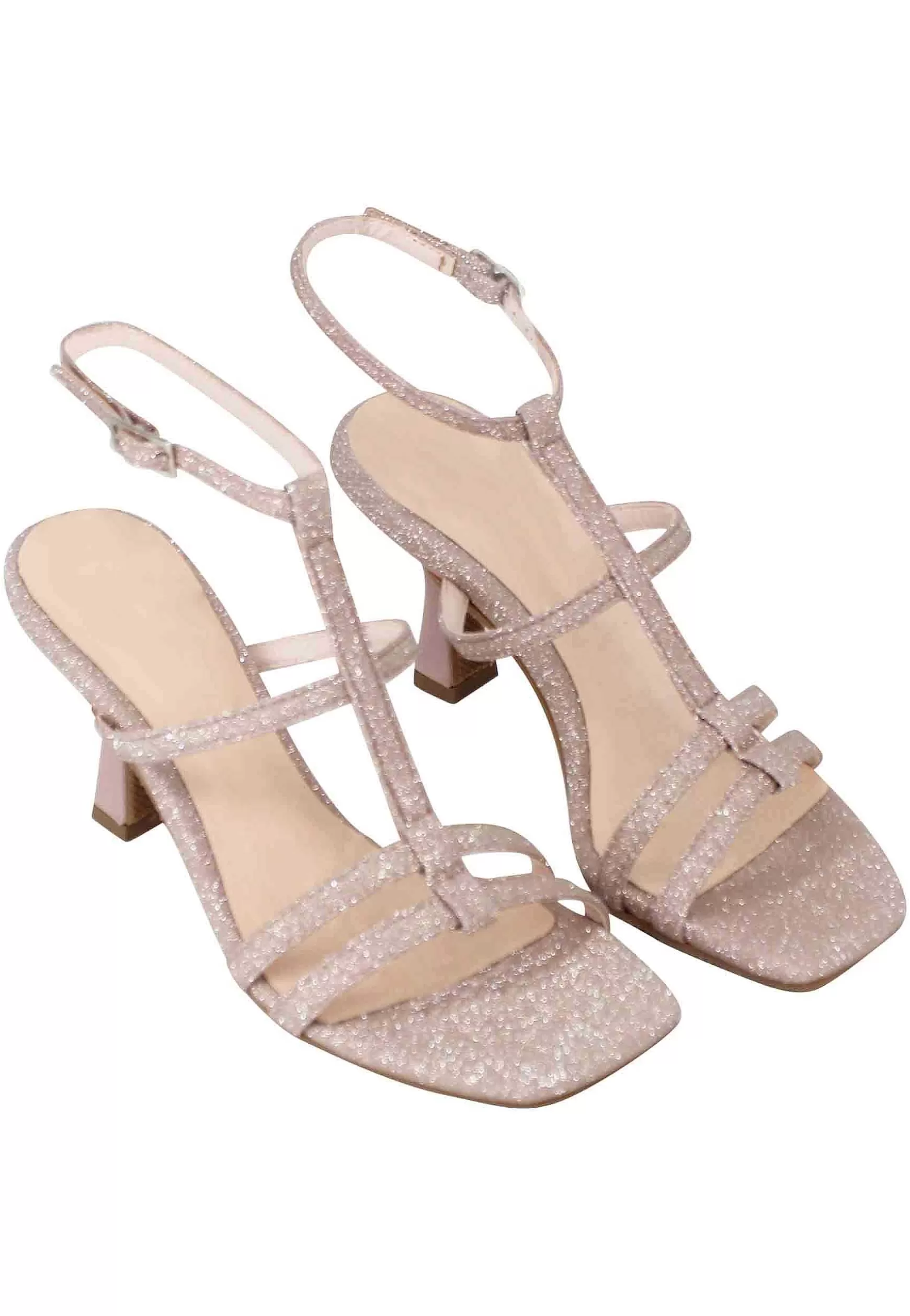 Sandali Donna In Glitter Cipria Con Tacco Alto Punta Quadra E Cinturino Alla Caviglia*Lorenzo Mari New