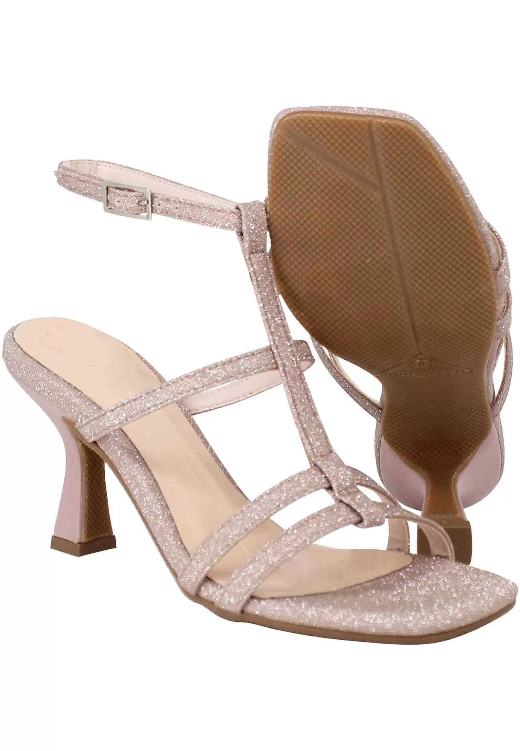 Sandali Donna In Glitter Cipria Con Tacco Alto Punta Quadra E Cinturino Alla Caviglia*Lorenzo Mari New