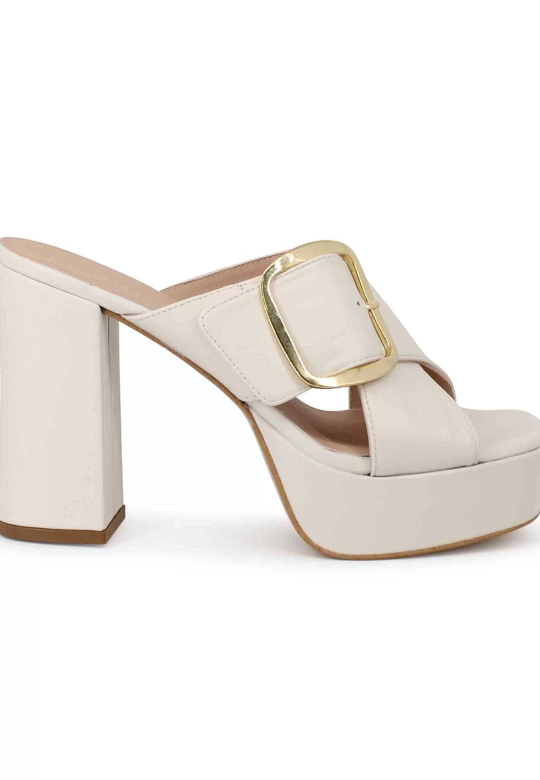 Sandali Donna In Pelle Avorio Fibbia Laterale In Oro Con Tacco Alto E Plateau*Unisa Online