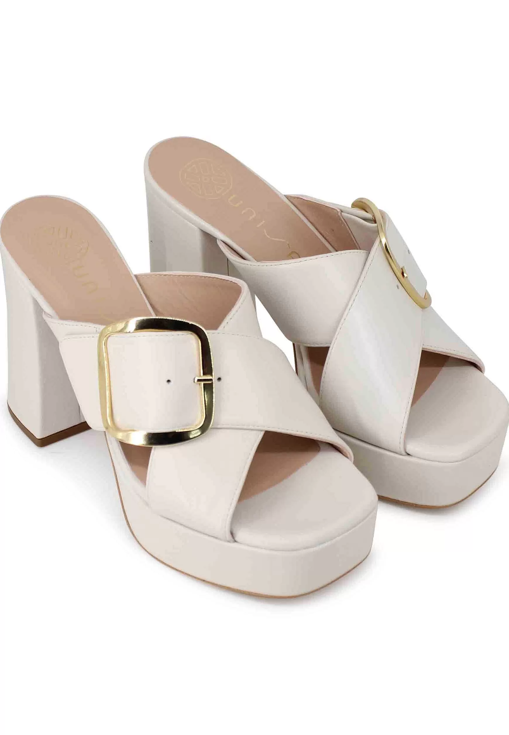 Sandali Donna In Pelle Avorio Fibbia Laterale In Oro Con Tacco Alto E Plateau*Unisa Online