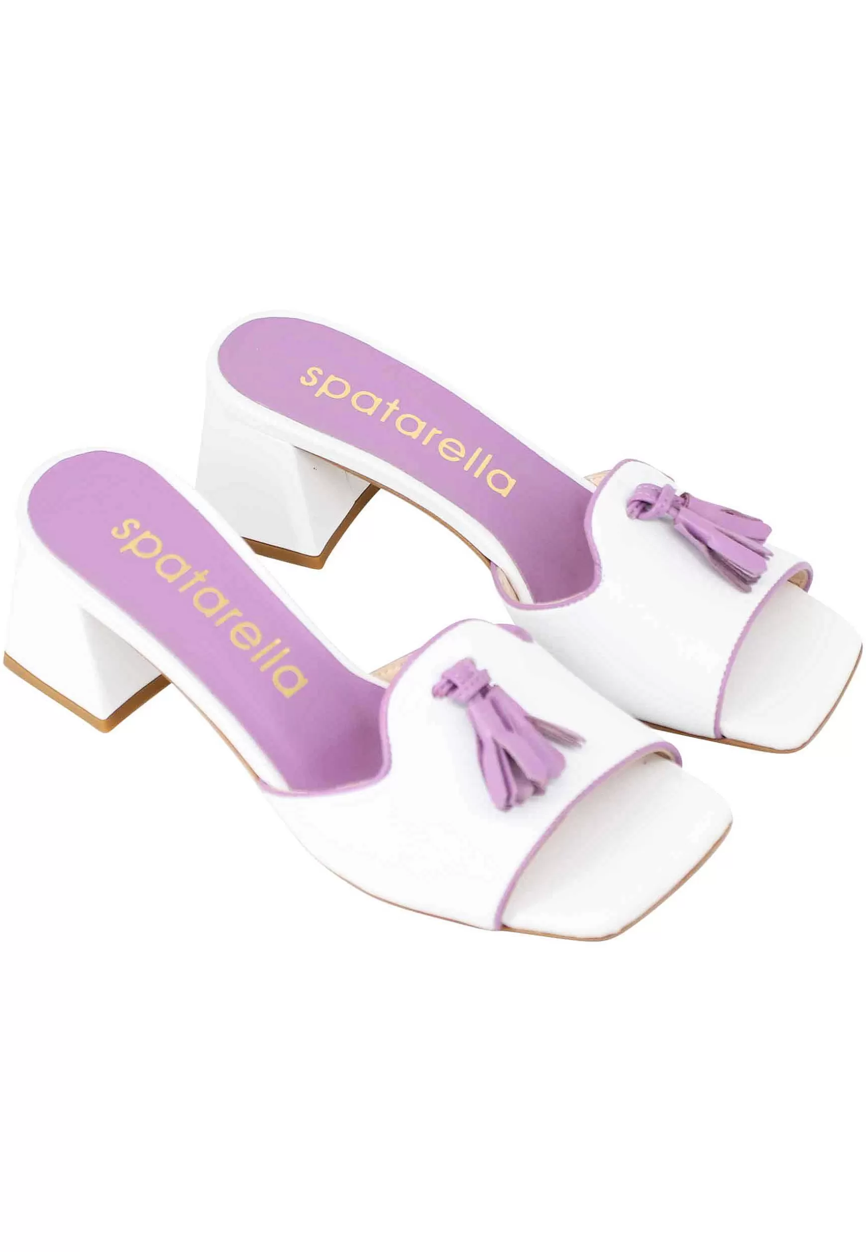 Sandali Donna In Pelle Bianca Con Nappine In Contrasto E Punta Quadra** Sale
