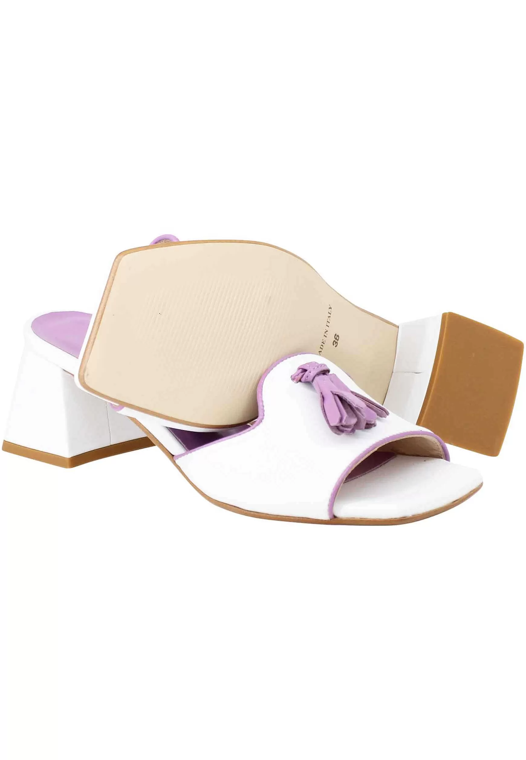Sandali Donna In Pelle Bianca Con Nappine In Contrasto E Punta Quadra** Sale