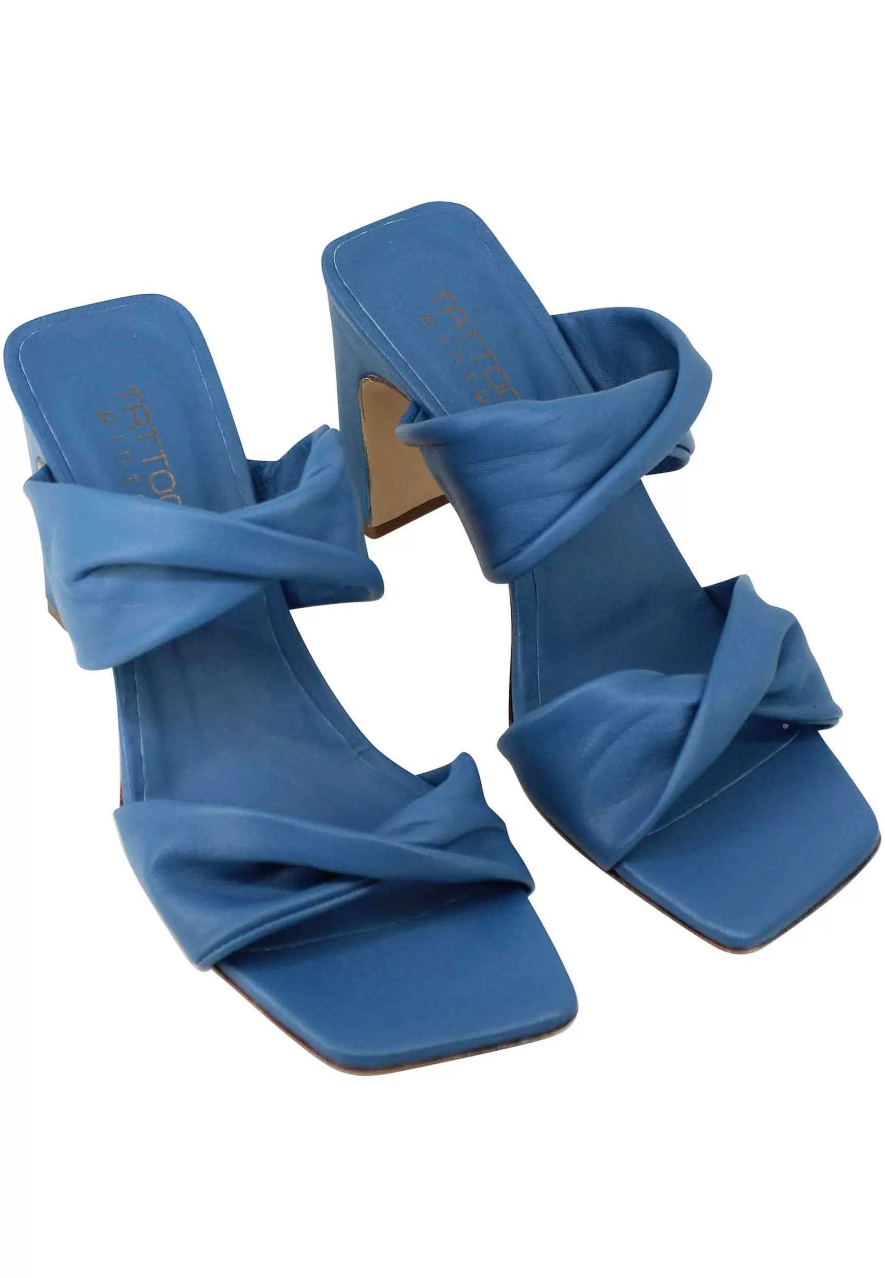 Sandali Donna In Pelle Blu Scuro A Doppia Fascia Con Tacco Alto E Punta Quadra*Tattoo Fashion