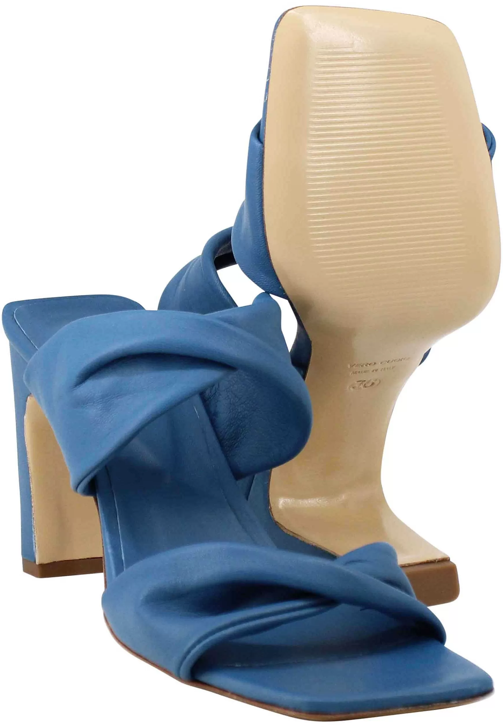 Sandali Donna In Pelle Blu Scuro A Doppia Fascia Con Tacco Alto E Punta Quadra*Tattoo Fashion