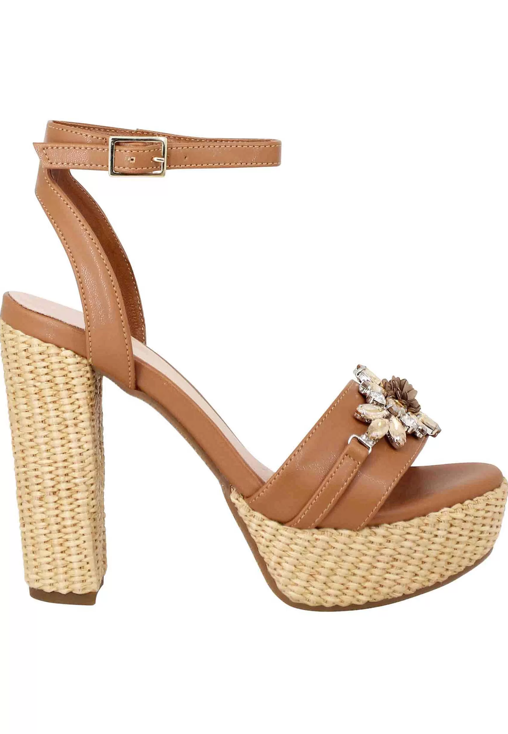 Sandali Donna In Pelle Cuoio Con Accessorio Gioiello Con Tacco Alto E Plateau*Lorenzo Mari Shop