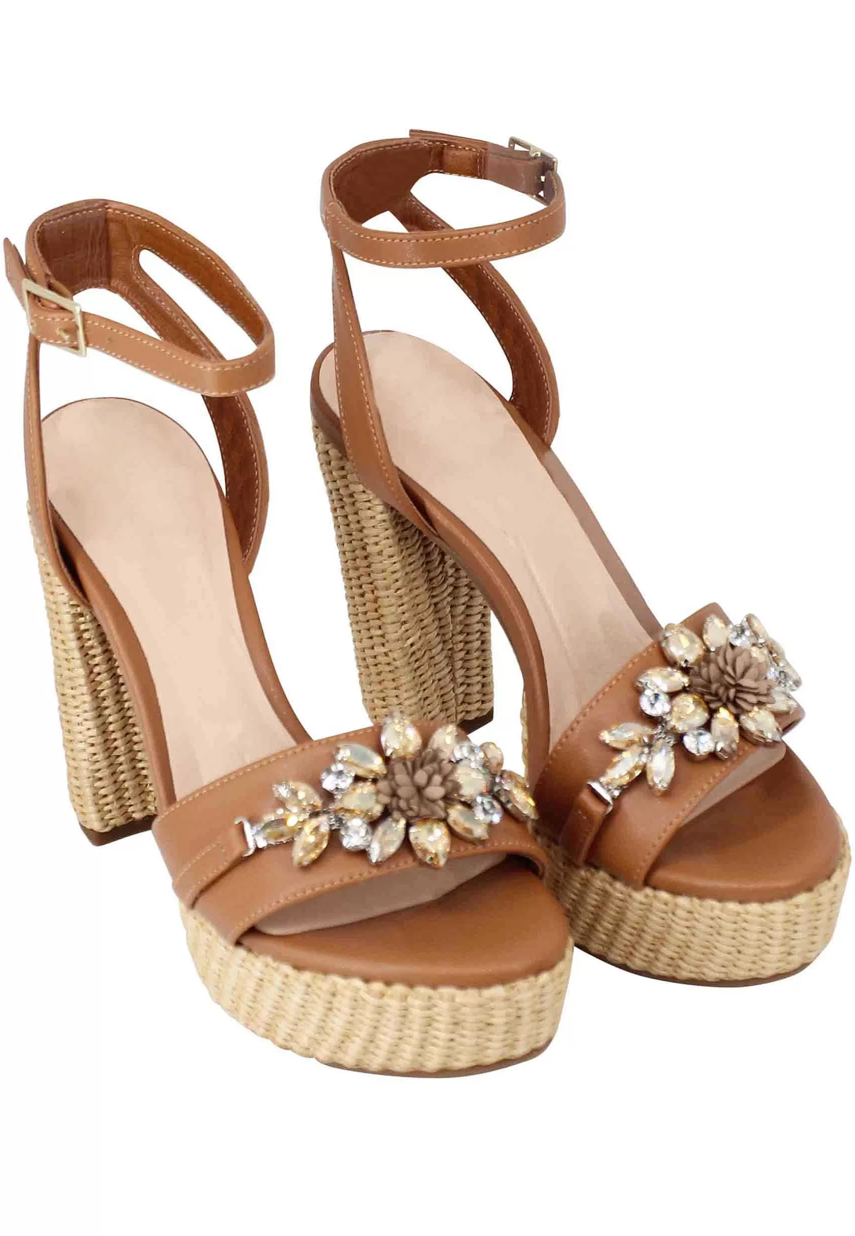 Sandali Donna In Pelle Cuoio Con Accessorio Gioiello Con Tacco Alto E Plateau*Lorenzo Mari Shop