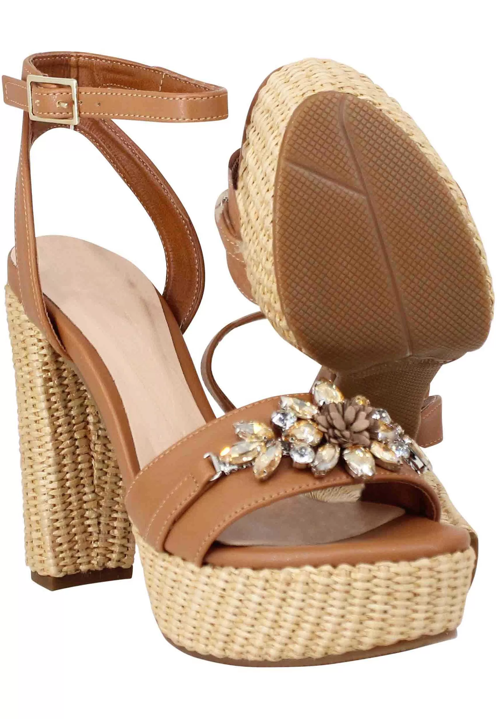 Sandali Donna In Pelle Cuoio Con Accessorio Gioiello Con Tacco Alto E Plateau*Lorenzo Mari Shop