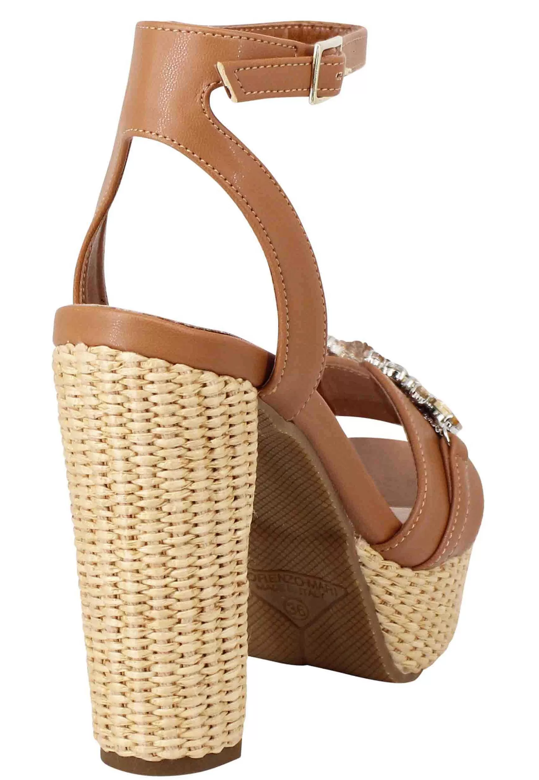 Sandali Donna In Pelle Cuoio Con Accessorio Gioiello Con Tacco Alto E Plateau*Lorenzo Mari Shop