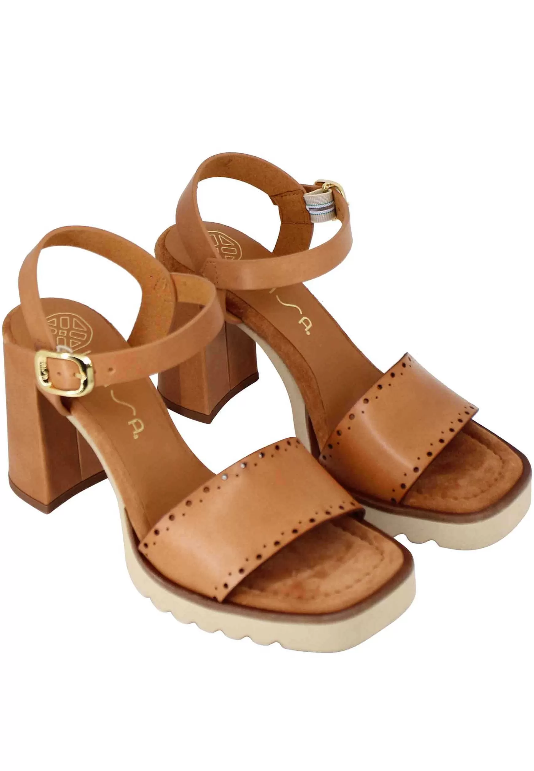 Sandali Donna In Pelle Cuoio Con Tacco Alto E Plateau In Gomma Carrarmato*Unisa Fashion