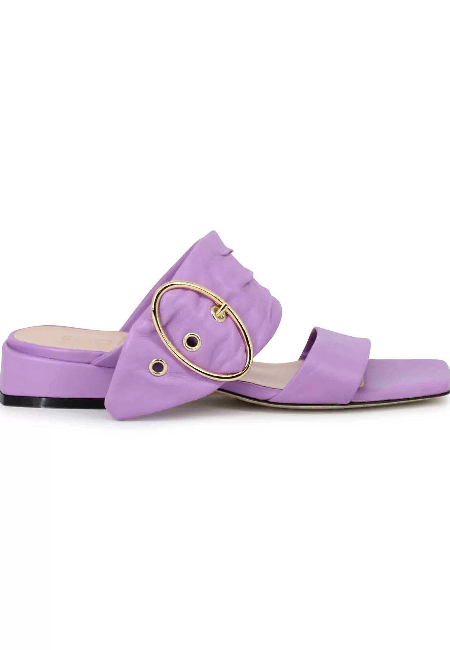 Sandali Donna In Pelle Glicine Con Doppia Fascia E Fibbia Oro Tacco Basso** Flash Sale