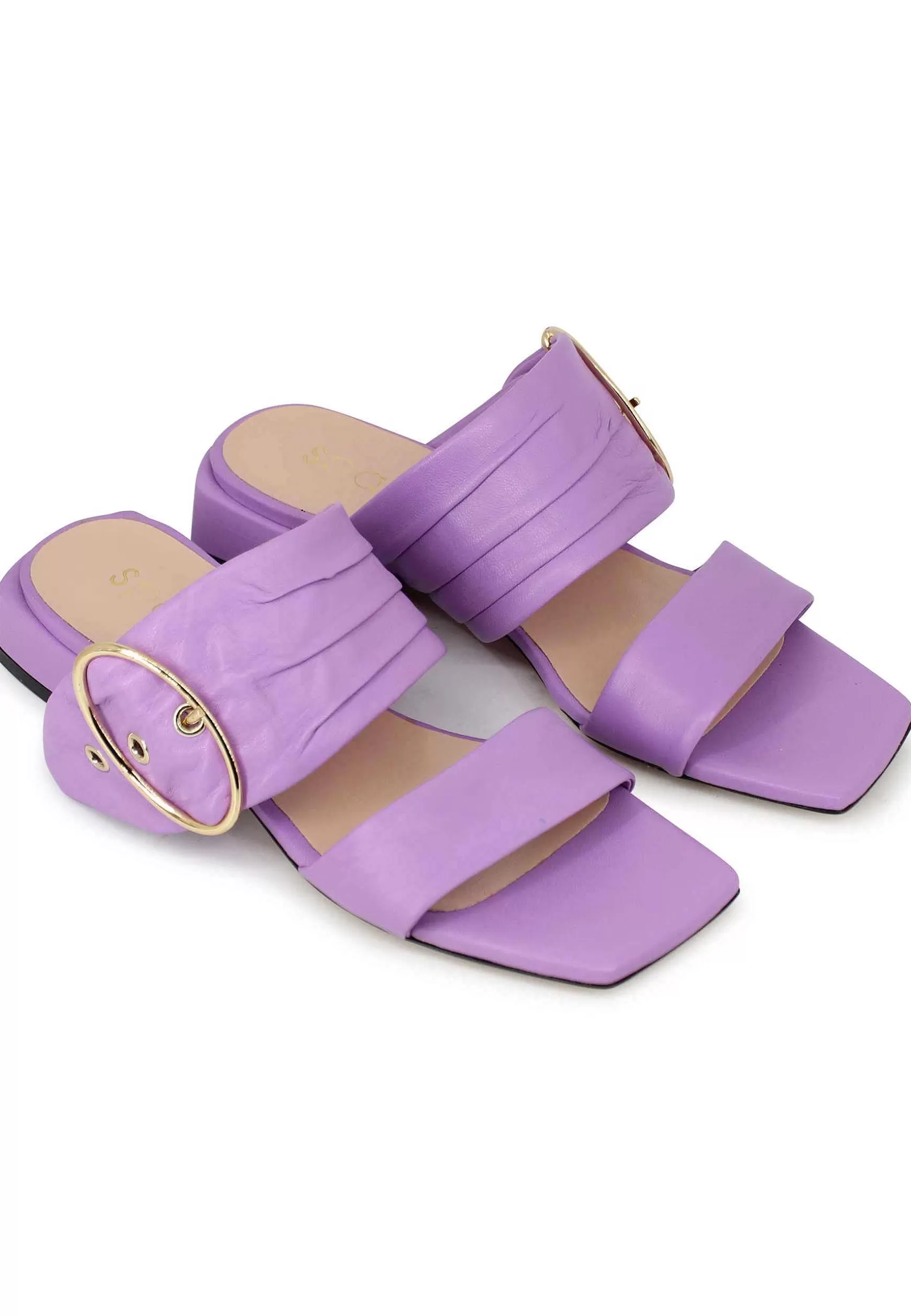 Sandali Donna In Pelle Glicine Con Doppia Fascia E Fibbia Oro Tacco Basso** Flash Sale