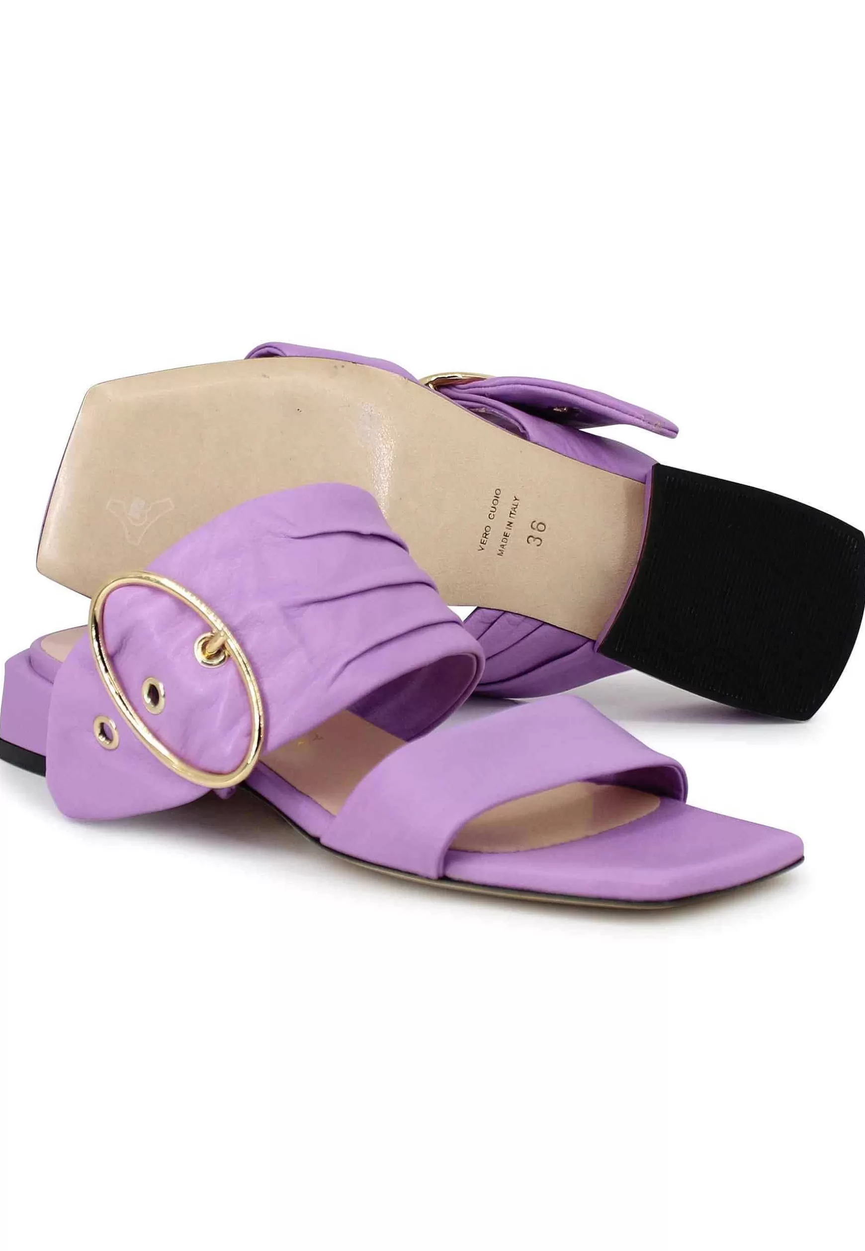 Sandali Donna In Pelle Glicine Con Doppia Fascia E Fibbia Oro Tacco Basso** Flash Sale