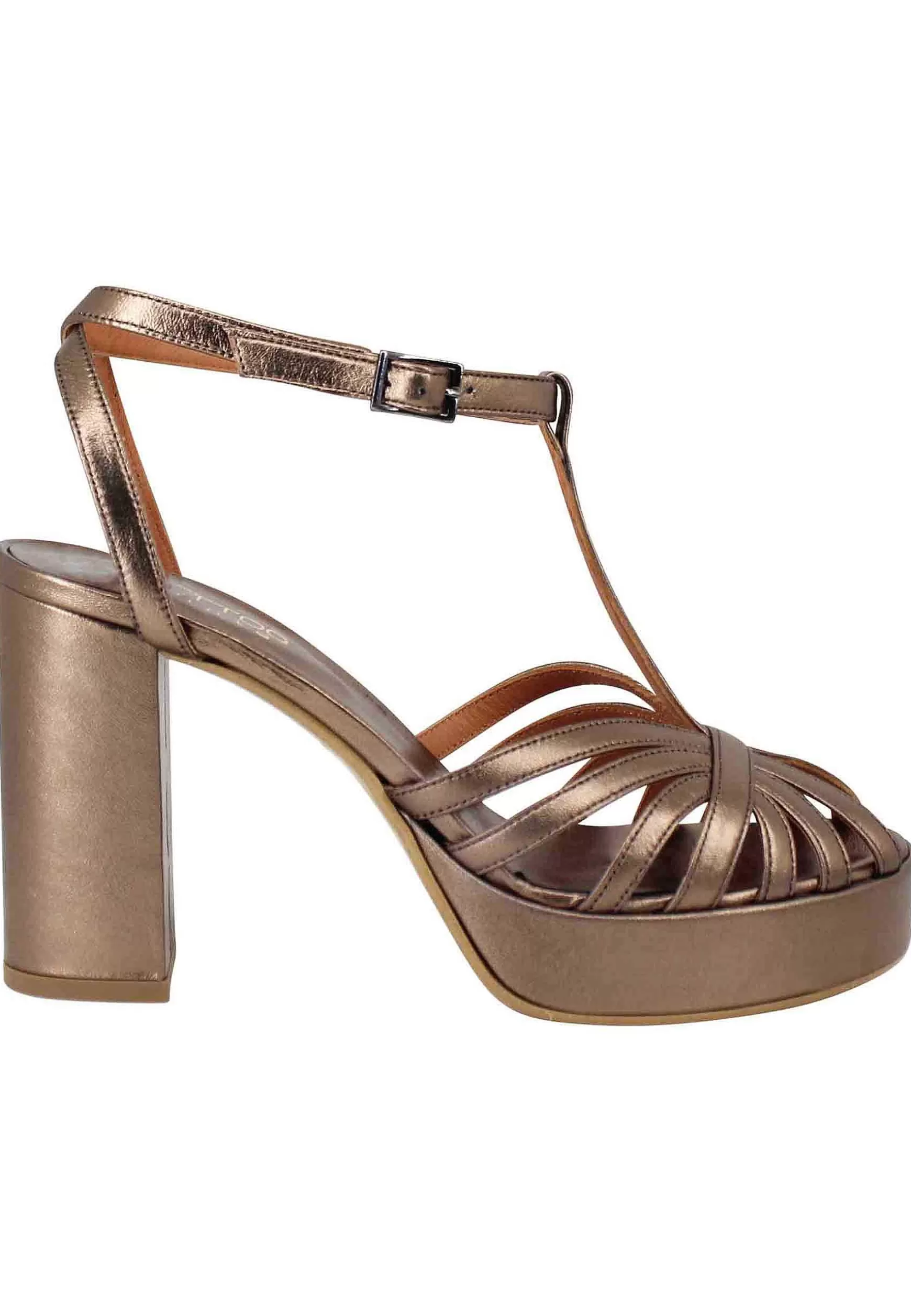 Sandali Donna In Pelle Laminata Bronzo Con Tacco Alto E Plateau*Tattoo New