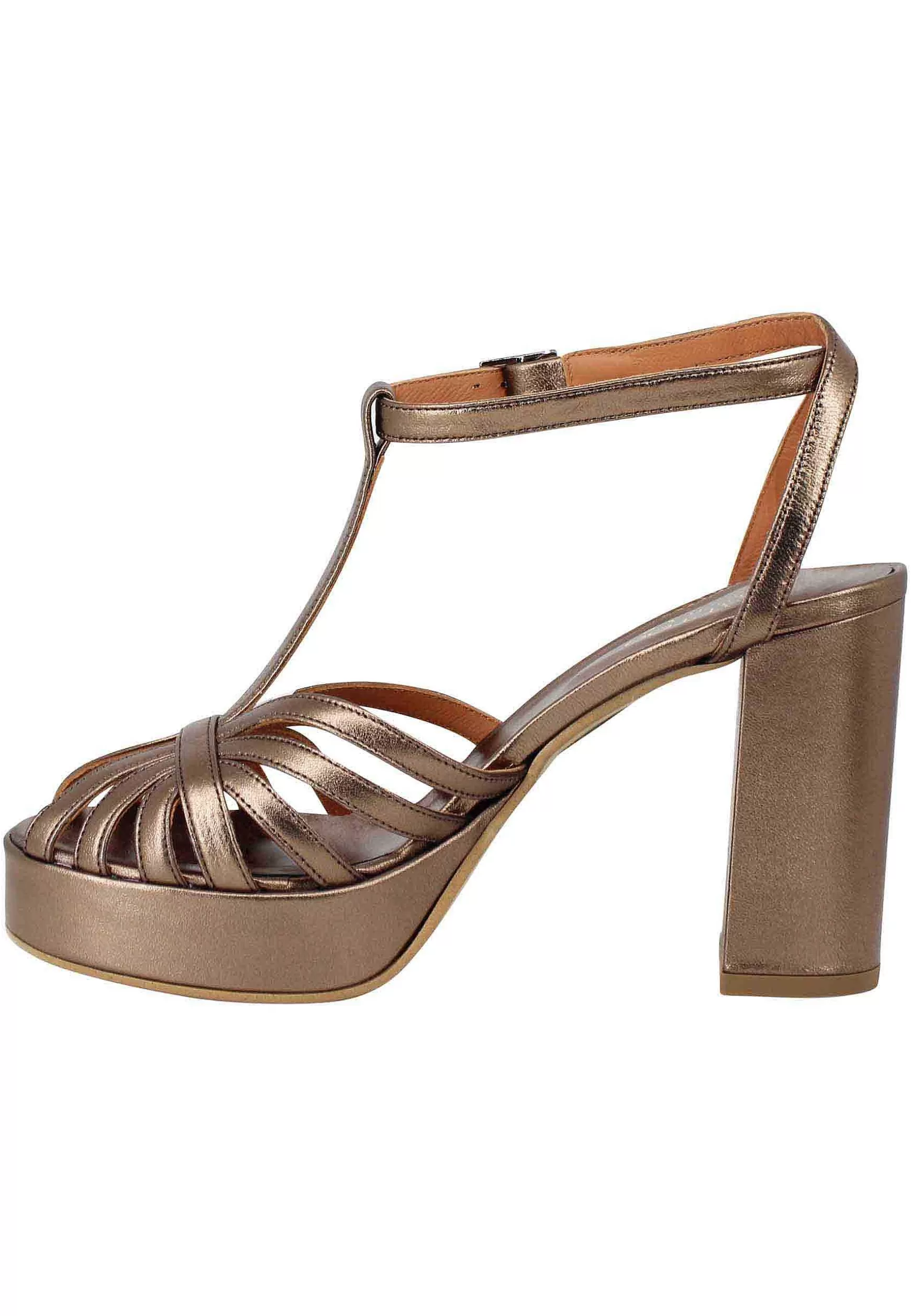 Sandali Donna In Pelle Laminata Bronzo Con Tacco Alto E Plateau*Tattoo New