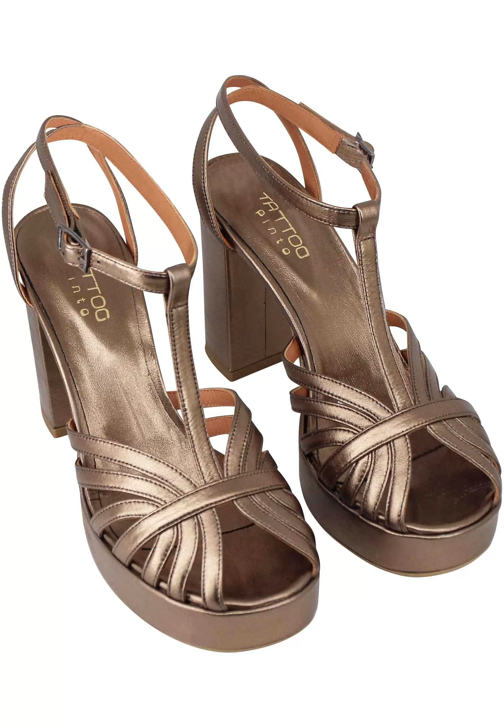 Sandali Donna In Pelle Laminata Bronzo Con Tacco Alto E Plateau*Tattoo New
