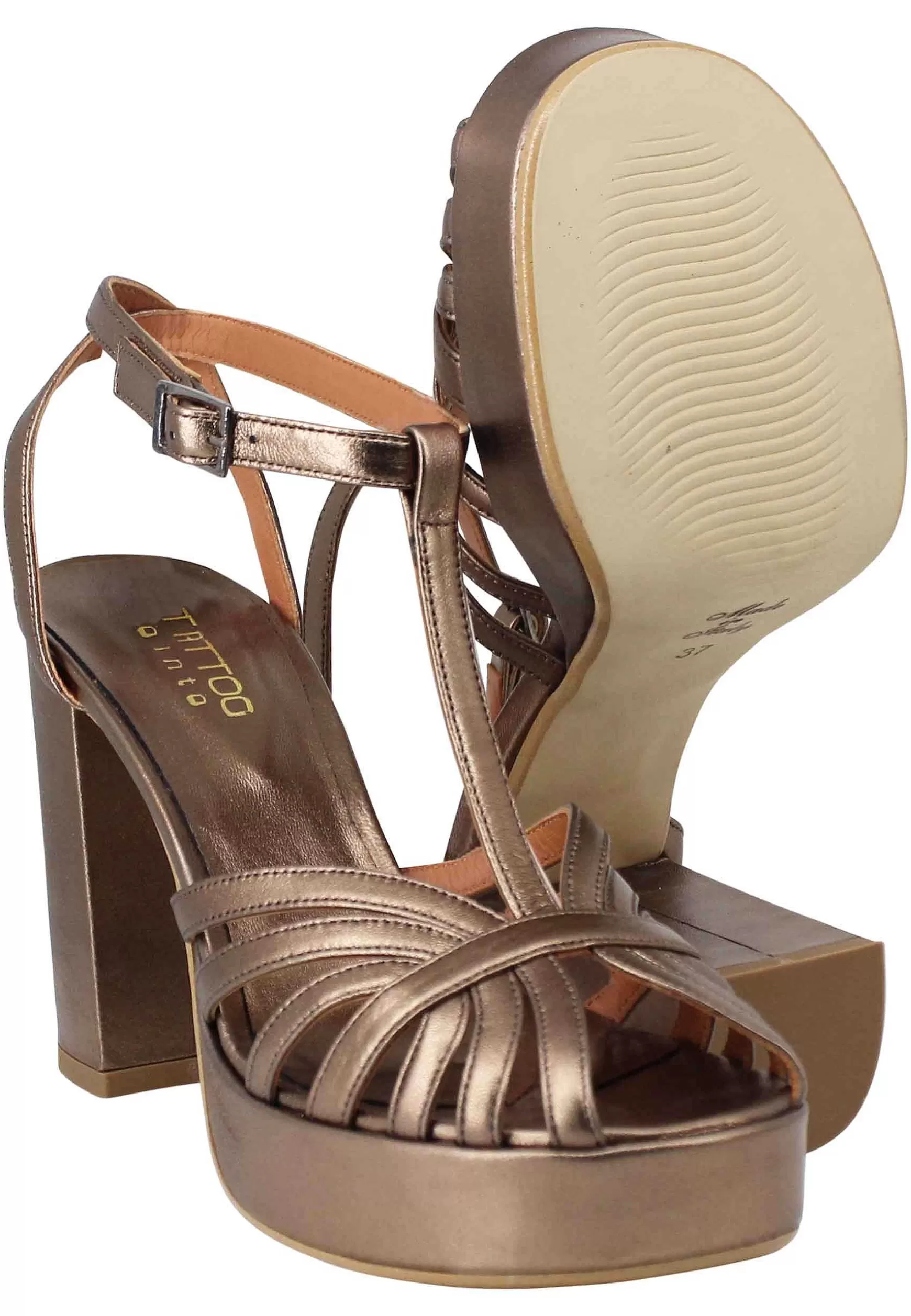 Sandali Donna In Pelle Laminata Bronzo Con Tacco Alto E Plateau*Tattoo New