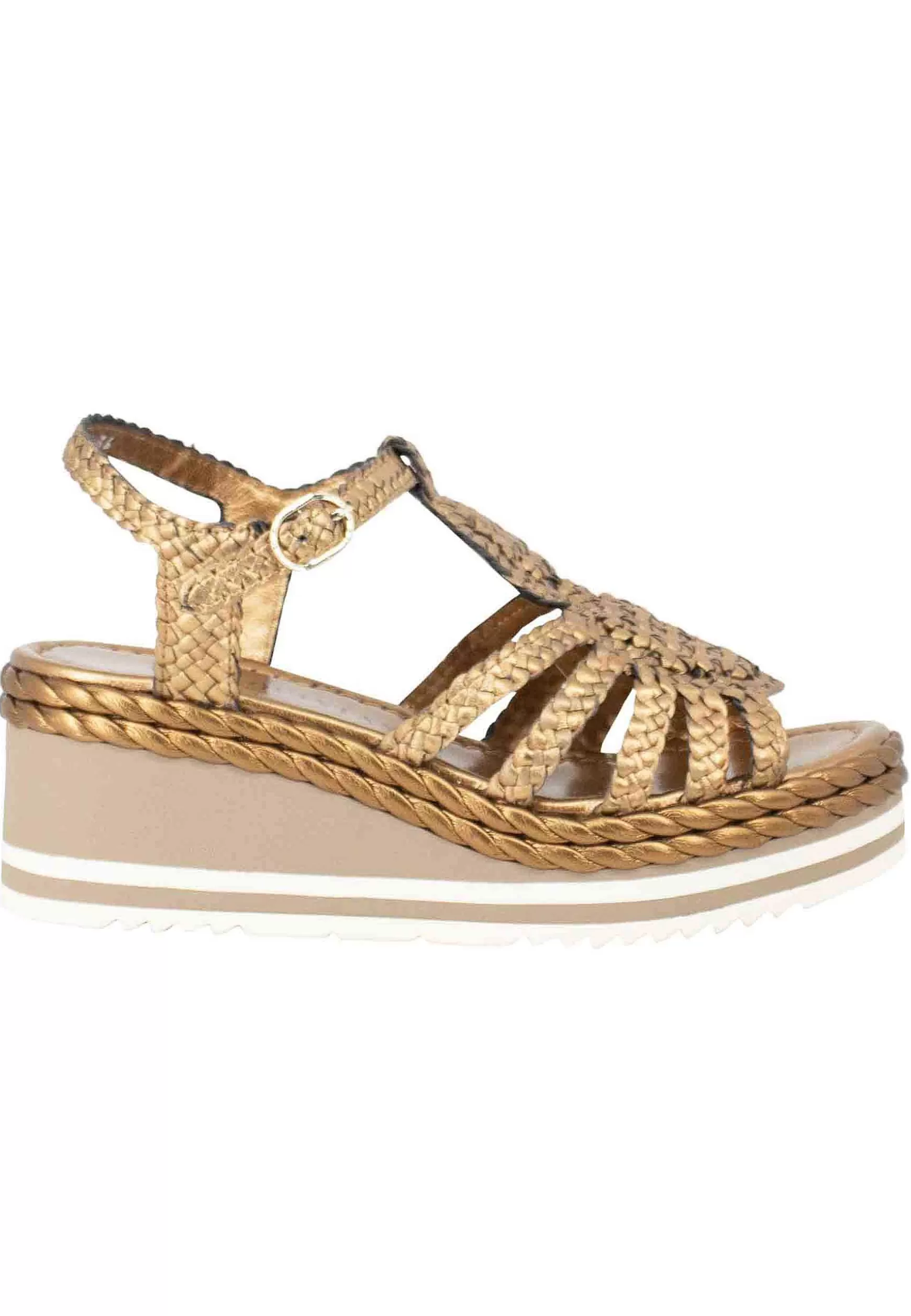 Sandali Donna In Pelle Laminata Bronzo Con Zeppa In Gomma E Cinturino Alla Caviglia*Pons Quintana Best Sale