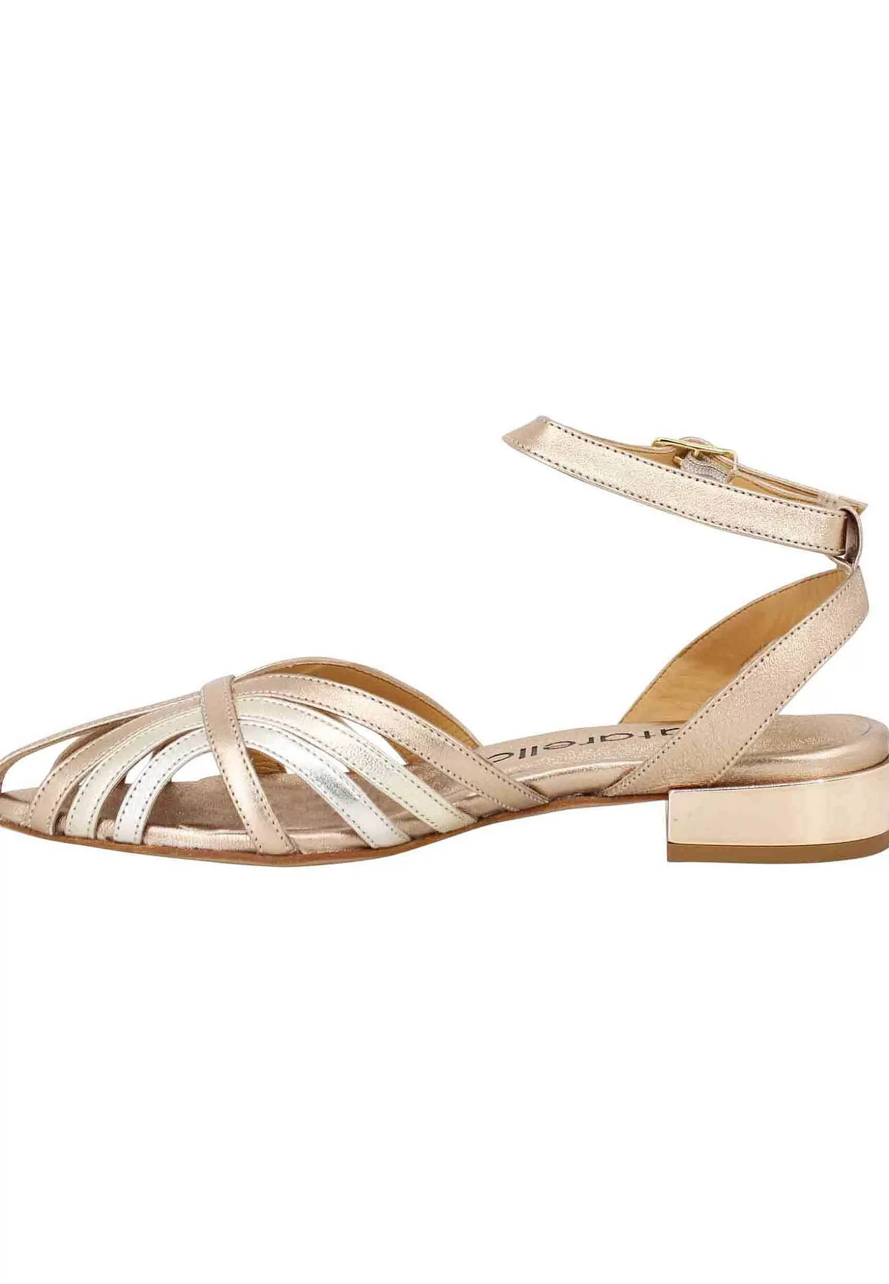Sandali Donna In Pelle Laminata Platino Con Cinturino Alla Caviglia Punta Chiusa E Tacco Basso** Shop