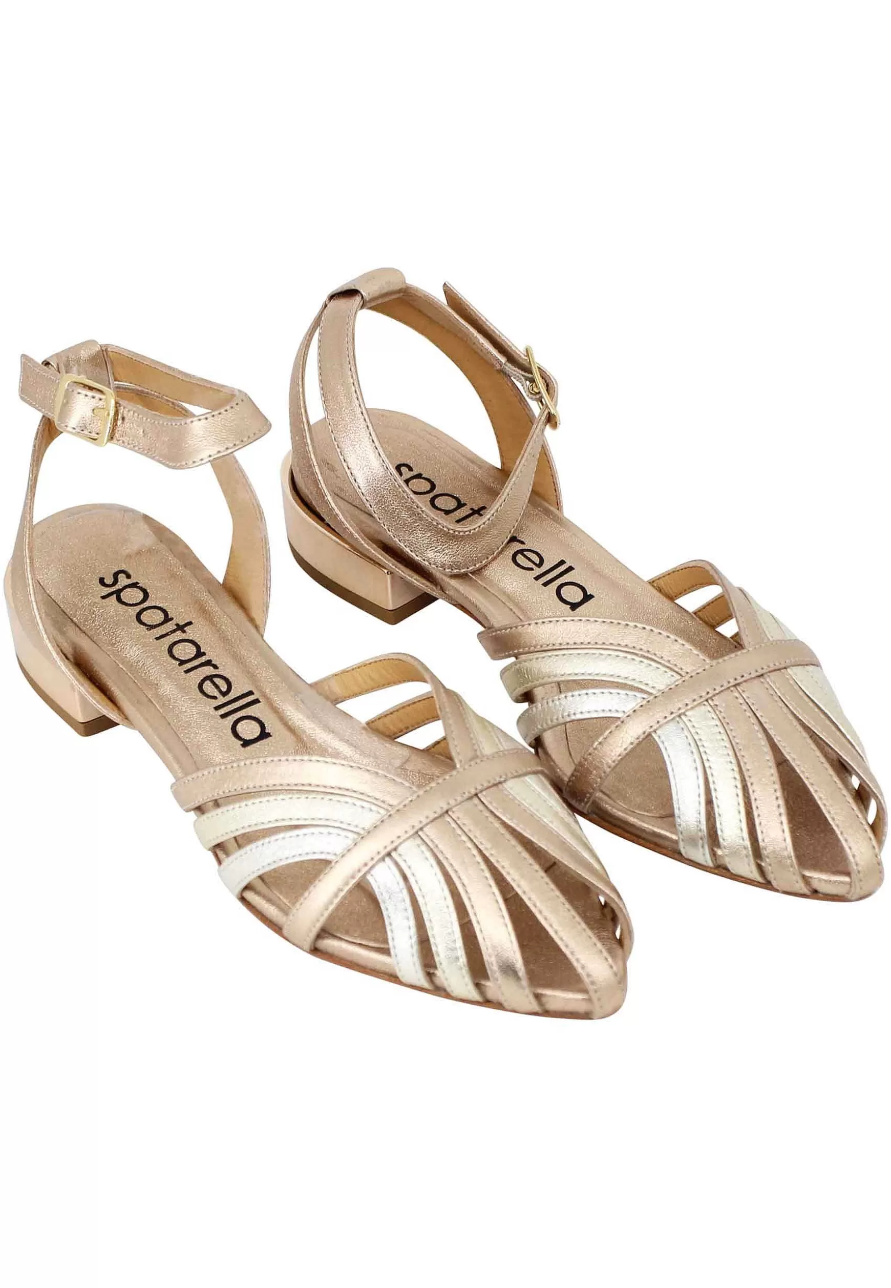Sandali Donna In Pelle Laminata Platino Con Cinturino Alla Caviglia Punta Chiusa E Tacco Basso** Shop