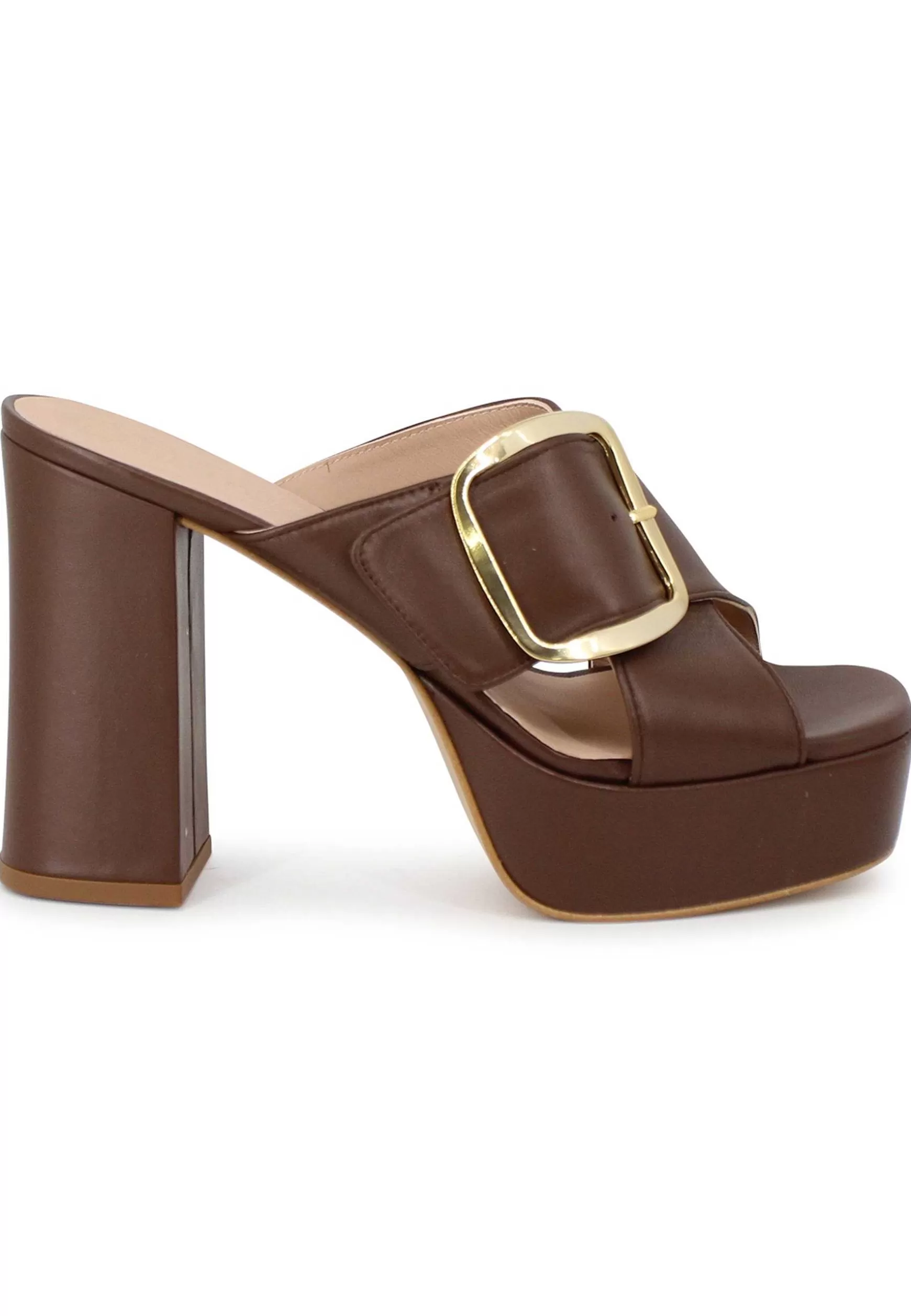 Sandali Donna In Pelle Marrone Fibbia Laterale In Oro Con Tacco Alto E Plateau*Unisa Sale