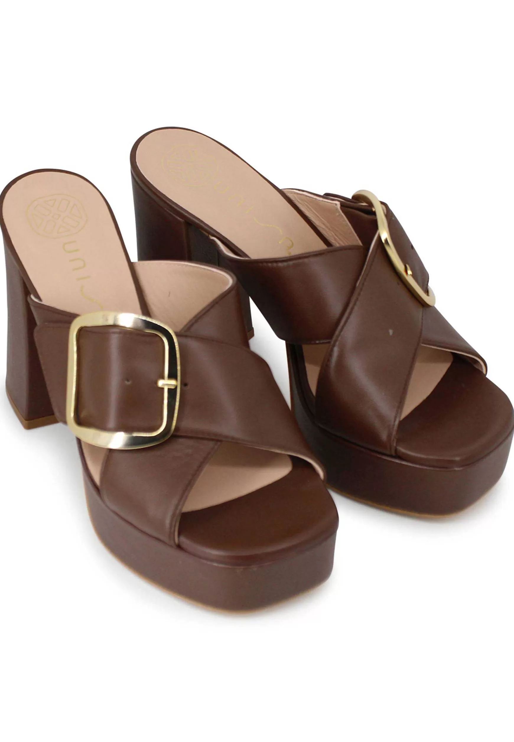 Sandali Donna In Pelle Marrone Fibbia Laterale In Oro Con Tacco Alto E Plateau*Unisa Sale