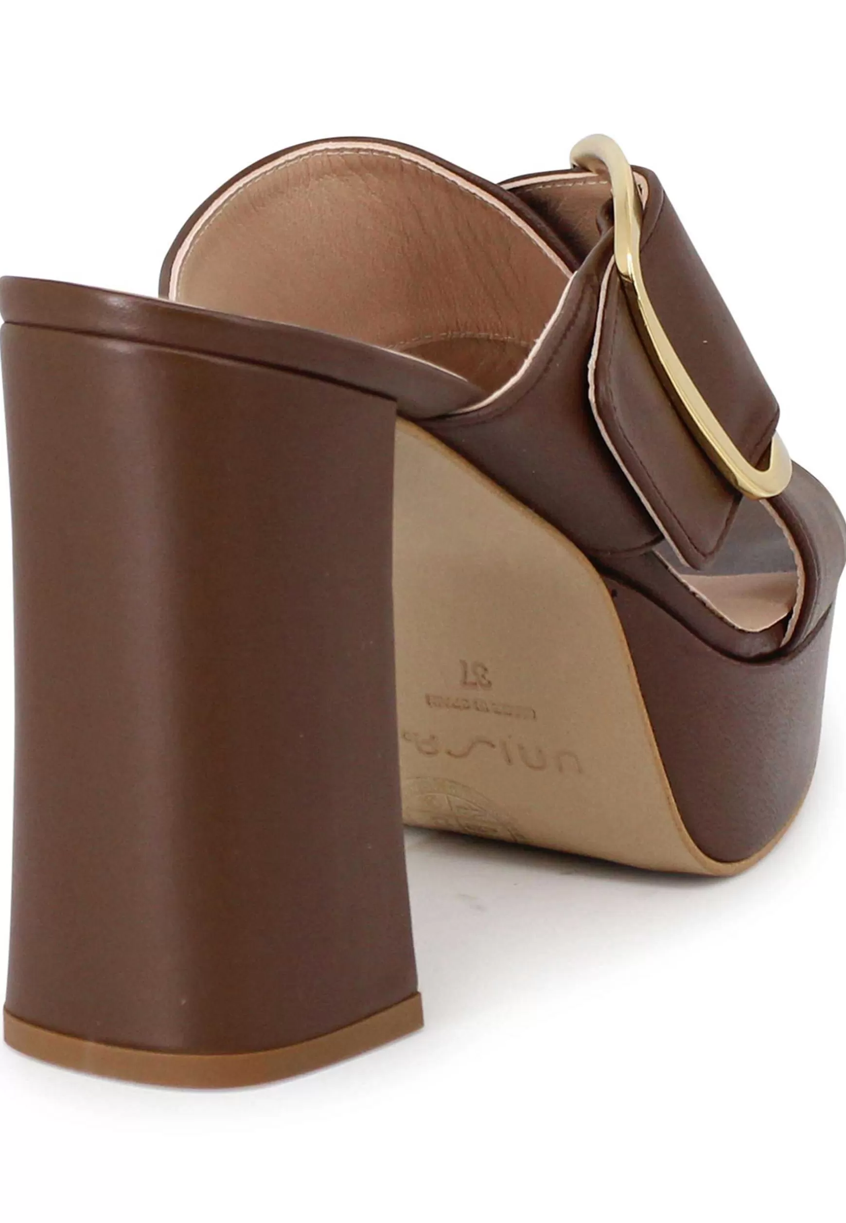 Sandali Donna In Pelle Marrone Fibbia Laterale In Oro Con Tacco Alto E Plateau*Unisa Sale