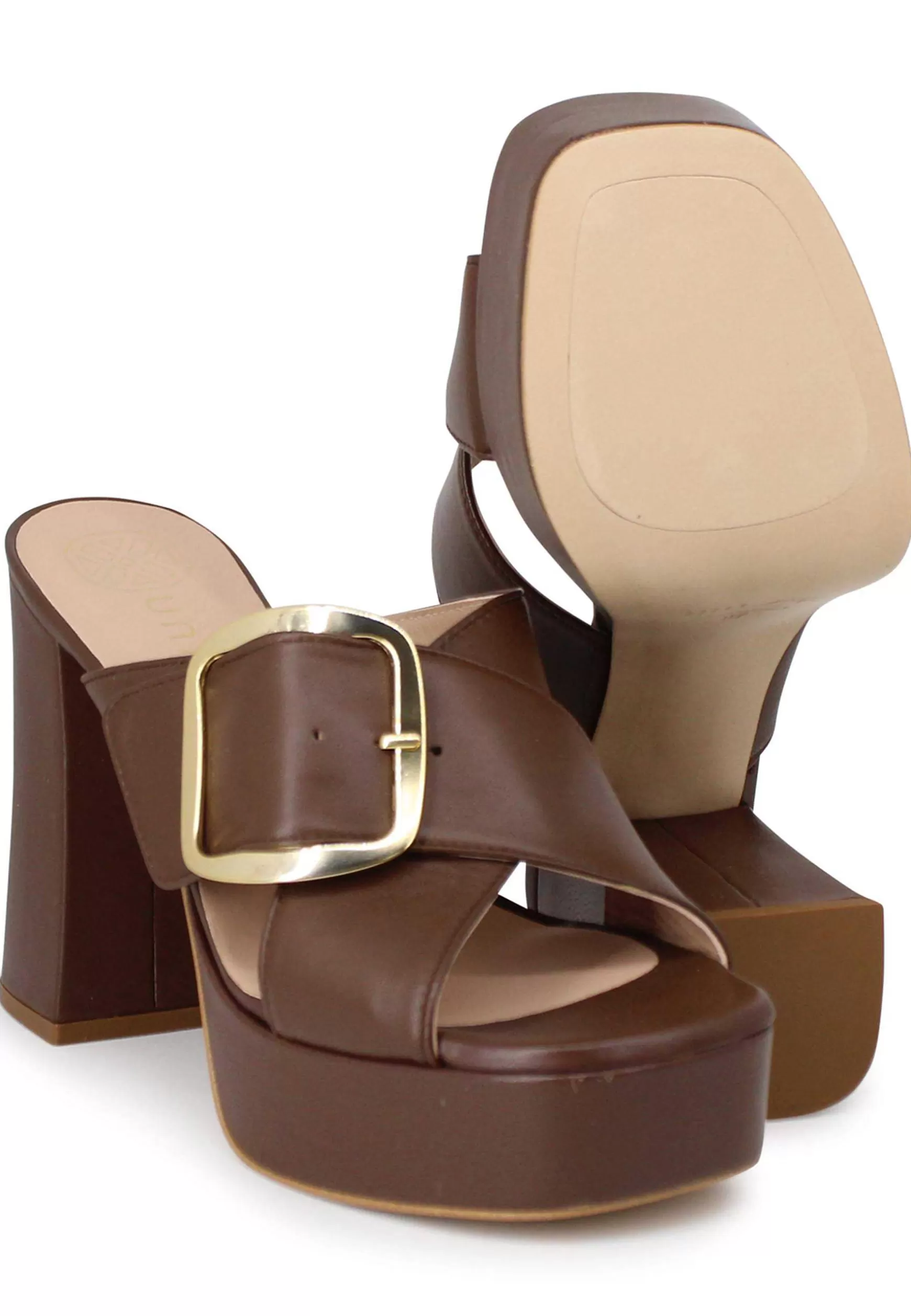 Sandali Donna In Pelle Marrone Fibbia Laterale In Oro Con Tacco Alto E Plateau*Unisa Sale