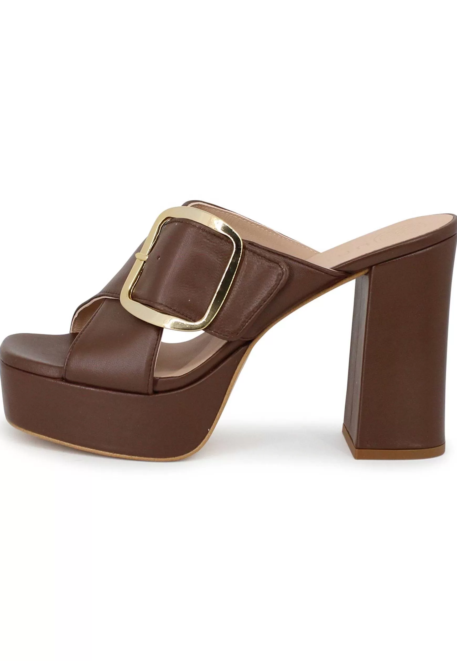 Sandali Donna In Pelle Marrone Fibbia Laterale In Oro Con Tacco Alto E Plateau*Unisa Sale