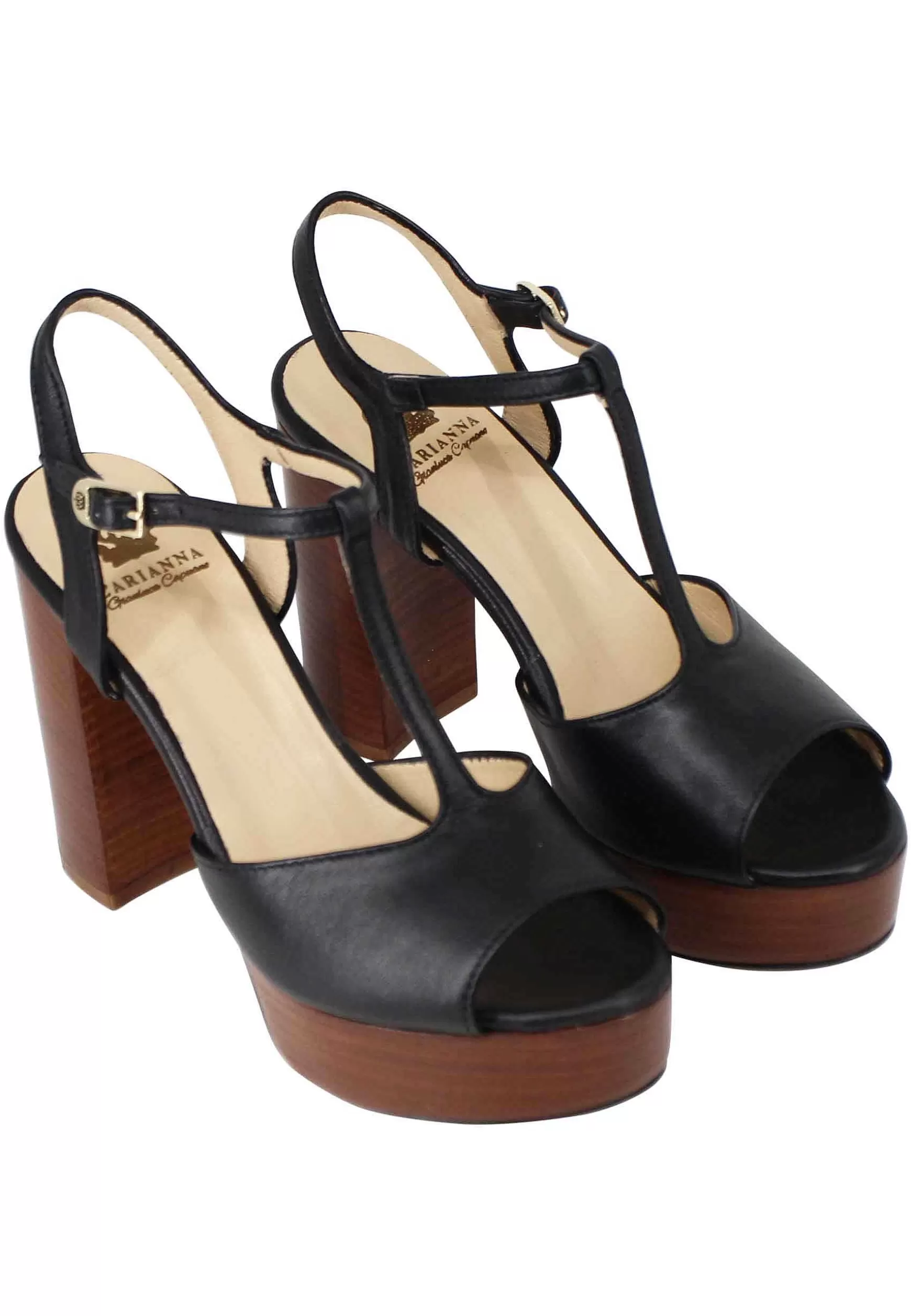 Sandai Donna In Pee Nera Con Cinturino Tacco Ato E Pateau*L Shop