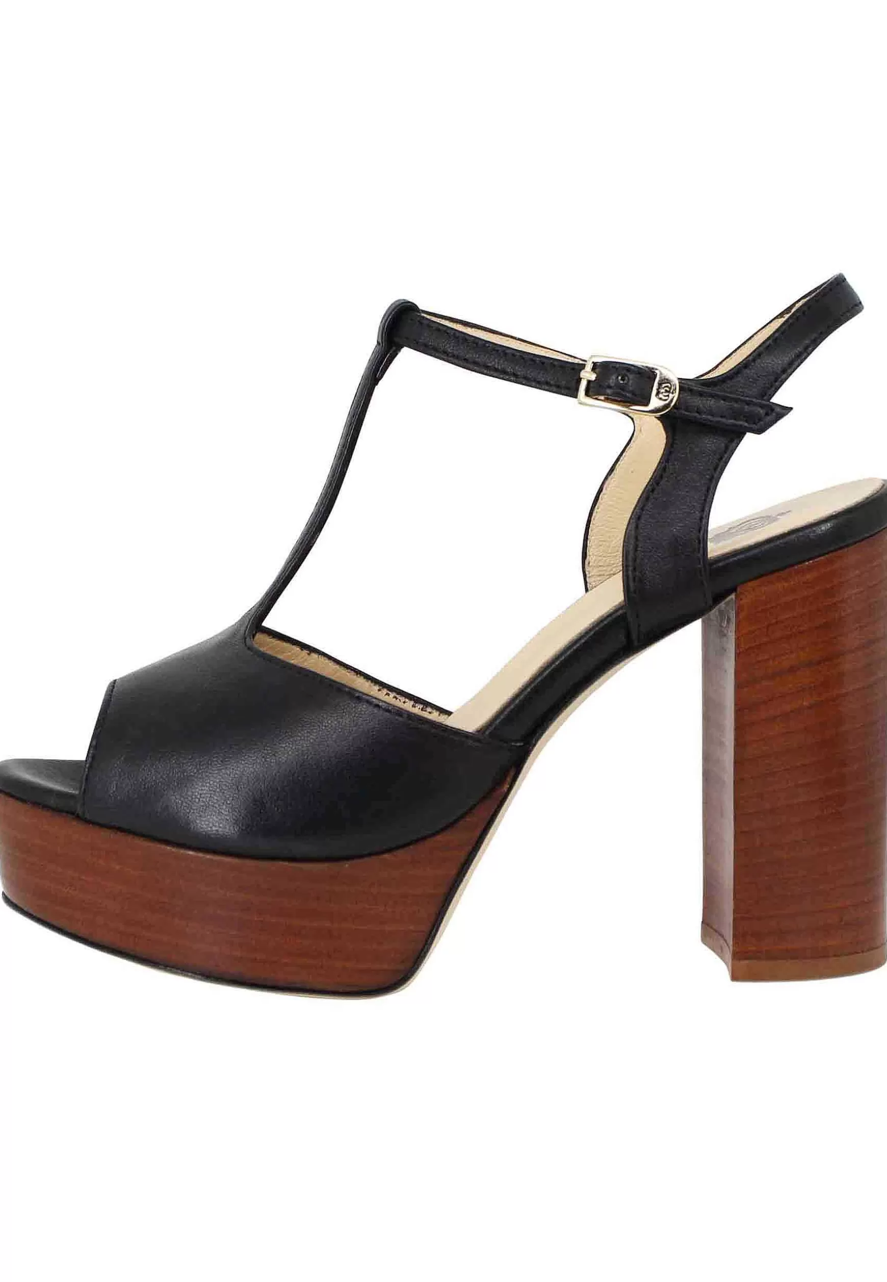 Sandai Donna In Pee Nera Con Cinturino Tacco Ato E Pateau*L Shop