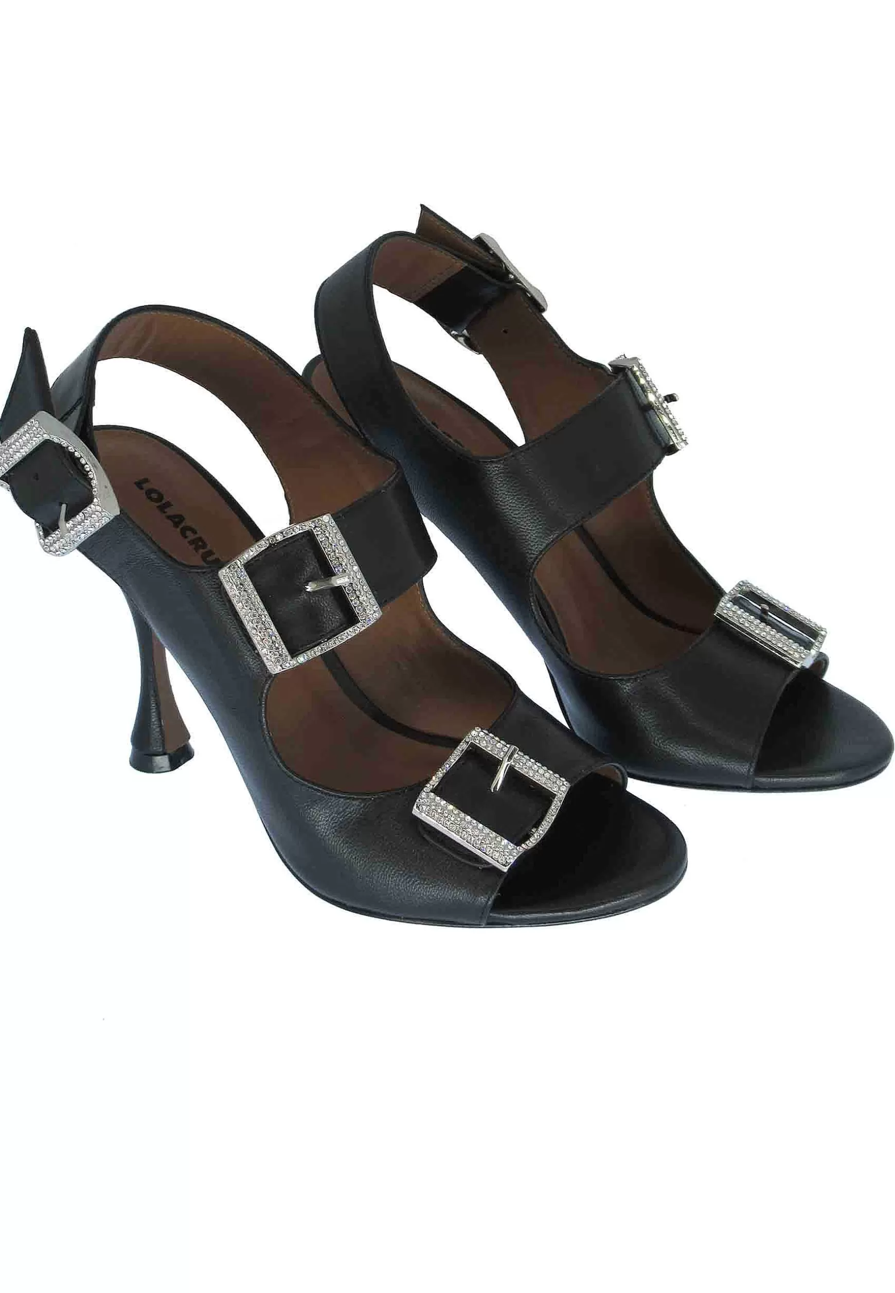 Sandali Donna In Pelle Nera Con Fibbia Strass E Tacco Alto*Lola Cruz Best Sale