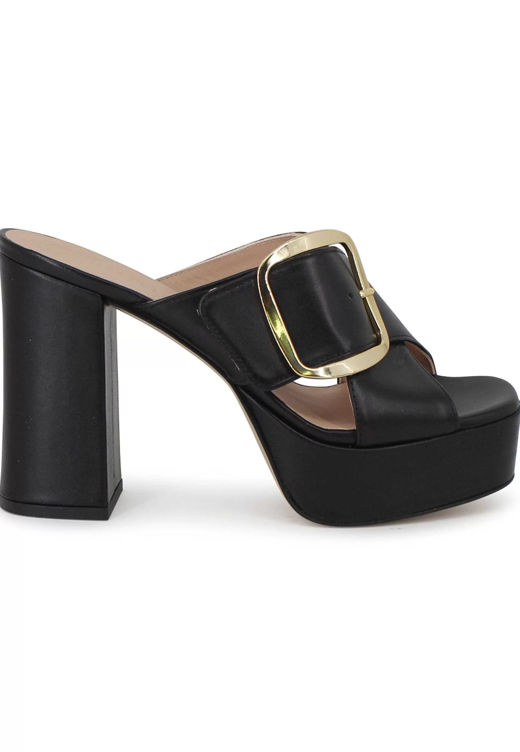 Sandali Donna In Pelle Nera Fibbia Laterale In Oro Con Tacco Alto E Plateau*Unisa Online