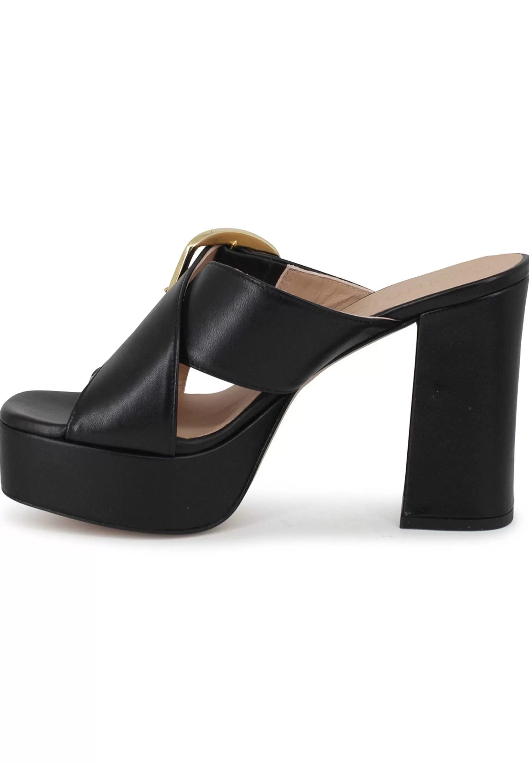 Sandali Donna In Pelle Nera Fibbia Laterale In Oro Con Tacco Alto E Plateau*Unisa Online