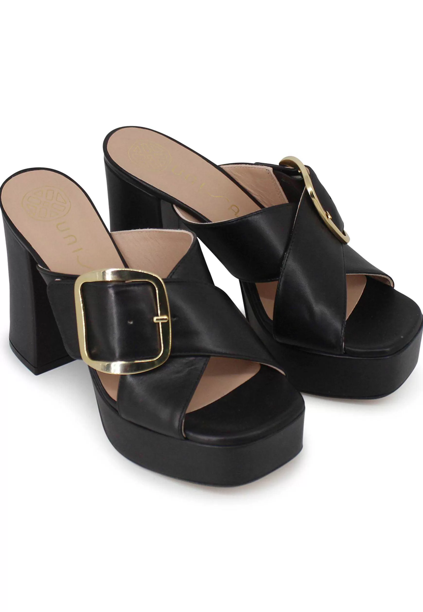 Sandali Donna In Pelle Nera Fibbia Laterale In Oro Con Tacco Alto E Plateau*Unisa Online