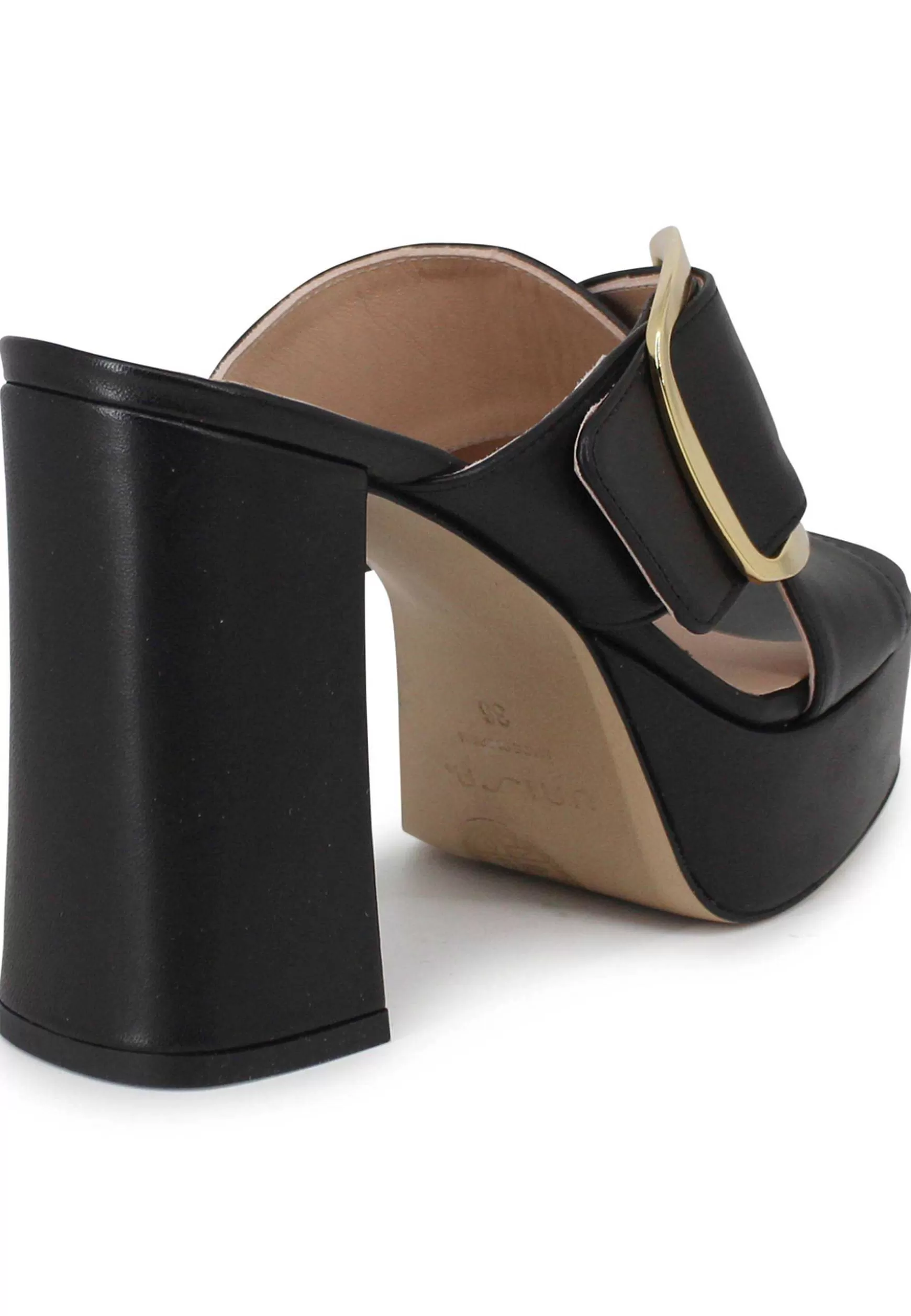 Sandali Donna In Pelle Nera Fibbia Laterale In Oro Con Tacco Alto E Plateau*Unisa Online
