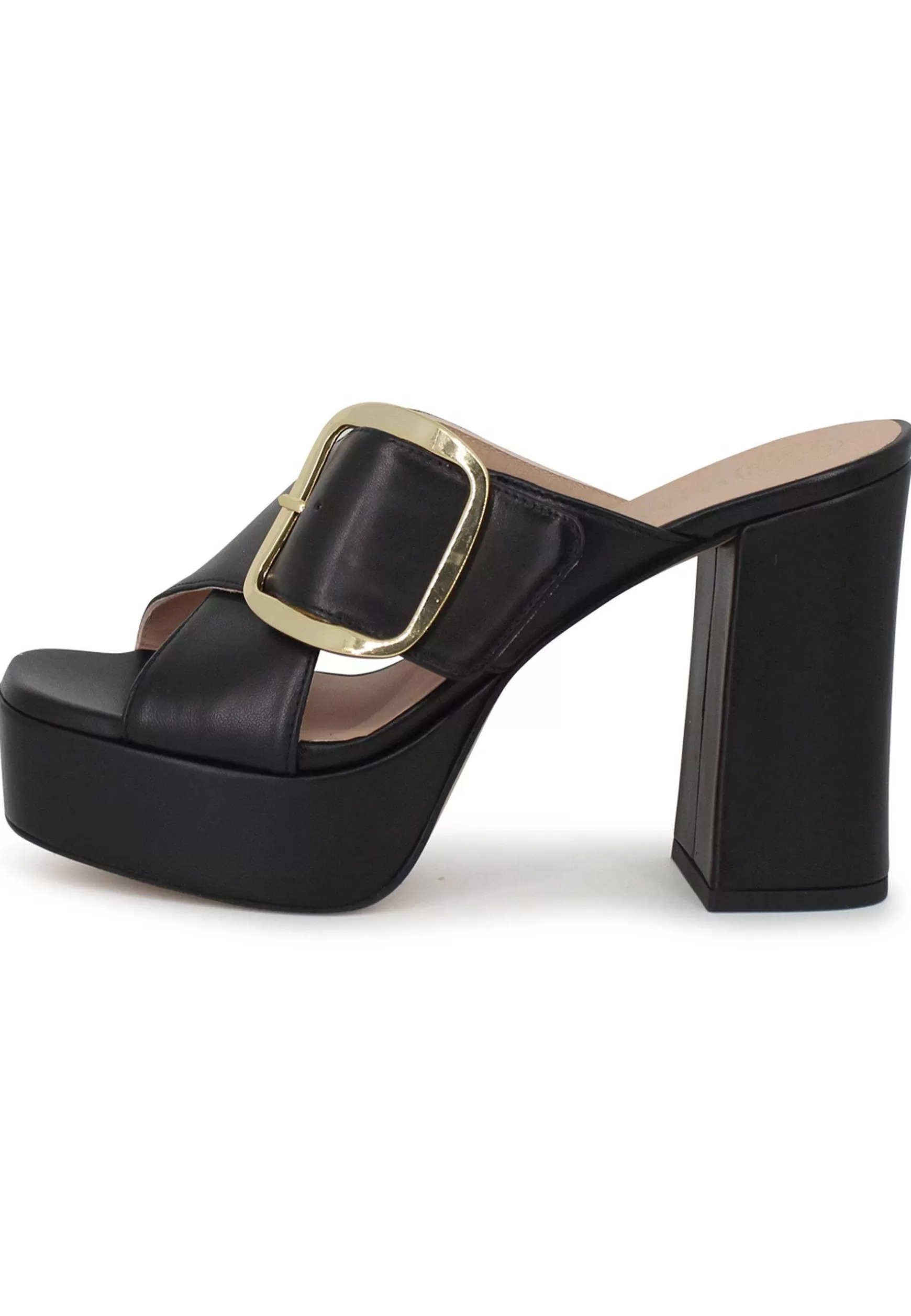 Sandali Donna In Pelle Nera Fibbia Laterale In Oro Con Tacco Alto E Plateau*Unisa Online