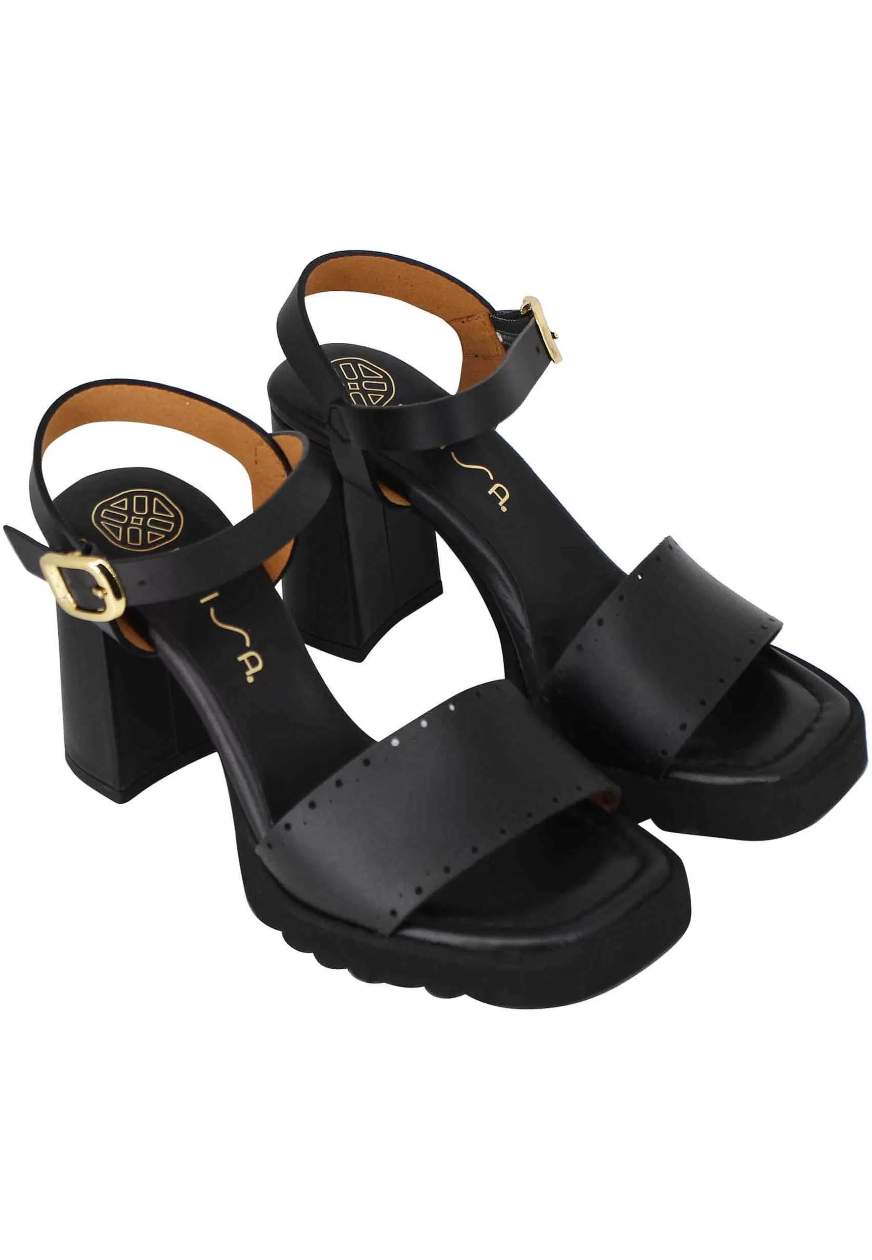 Sandali Donna In Pelle Nero Con Tacco Alto E Plateau In Gomma Carrarmato*Unisa Cheap