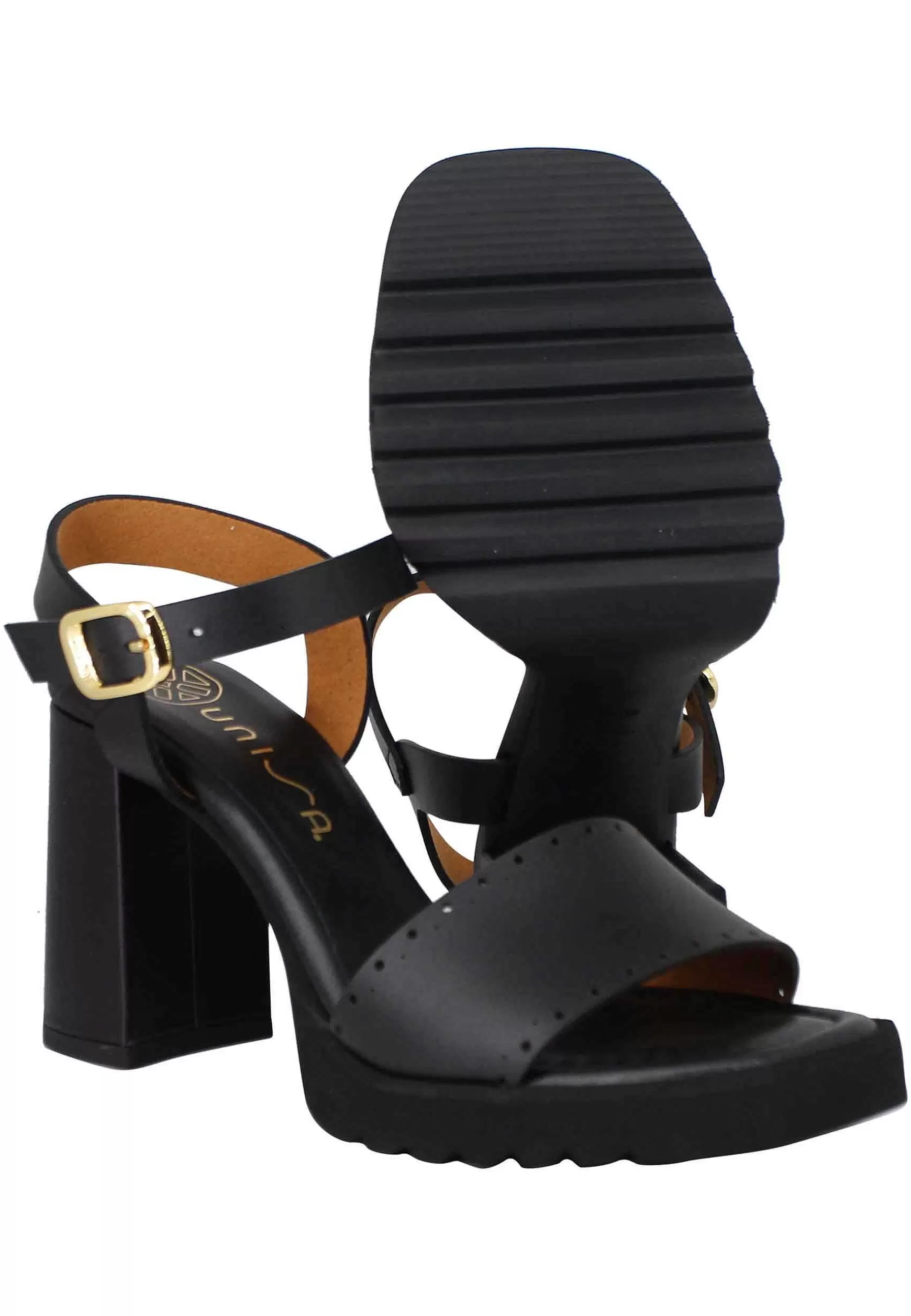 Sandali Donna In Pelle Nero Con Tacco Alto E Plateau In Gomma Carrarmato*Unisa Cheap